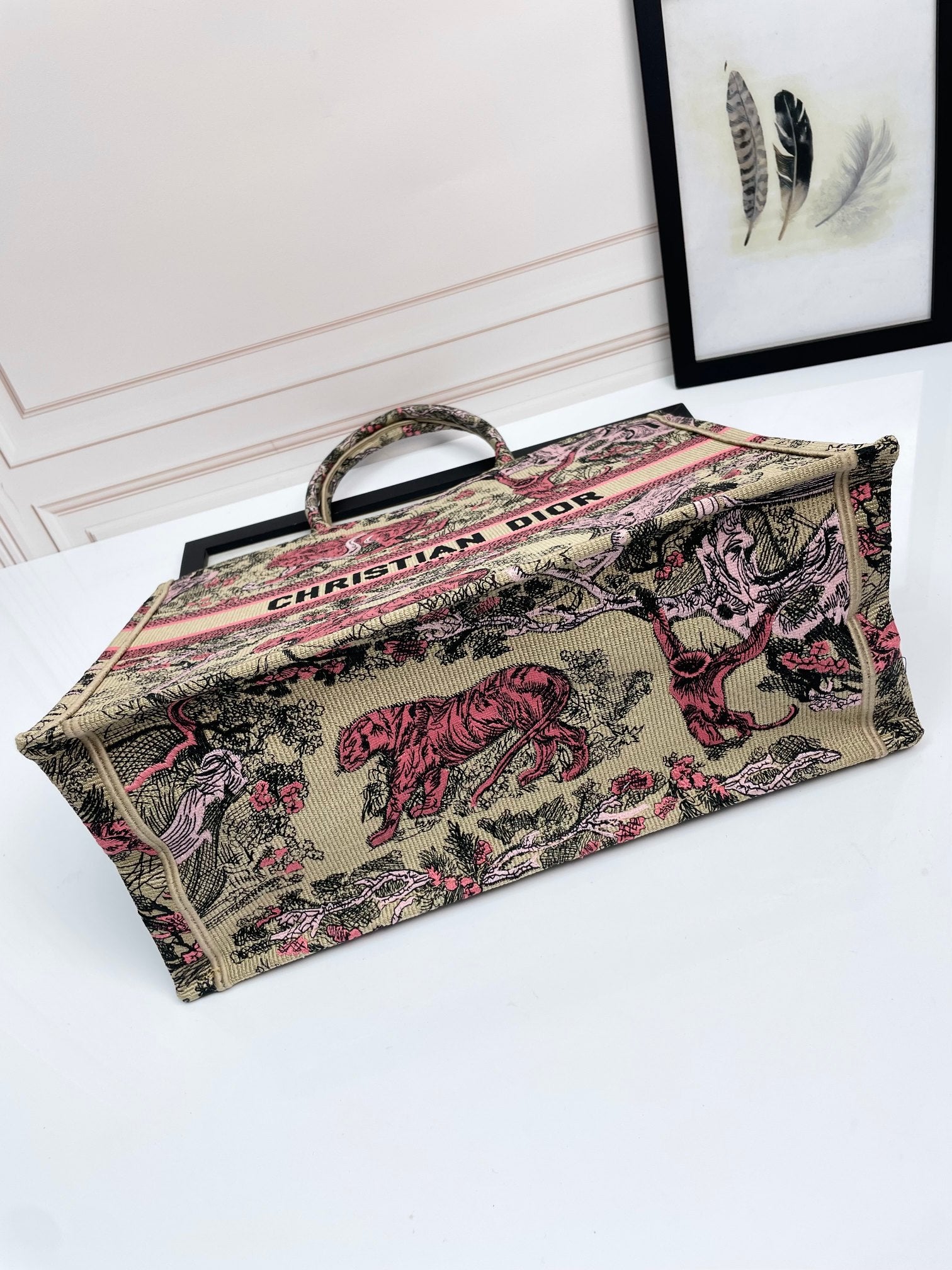 Dior Vintage Embroidered Jungle Animal Canvas Tote Bag with Top Handles