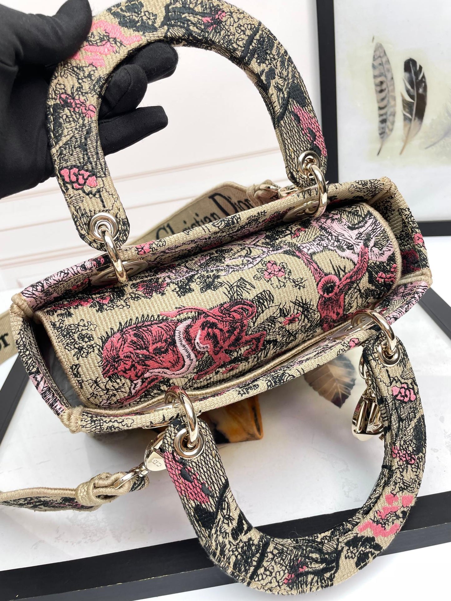 Dior Vintage Pink Embroidered Canvas Top Handle Shoulder Bag
