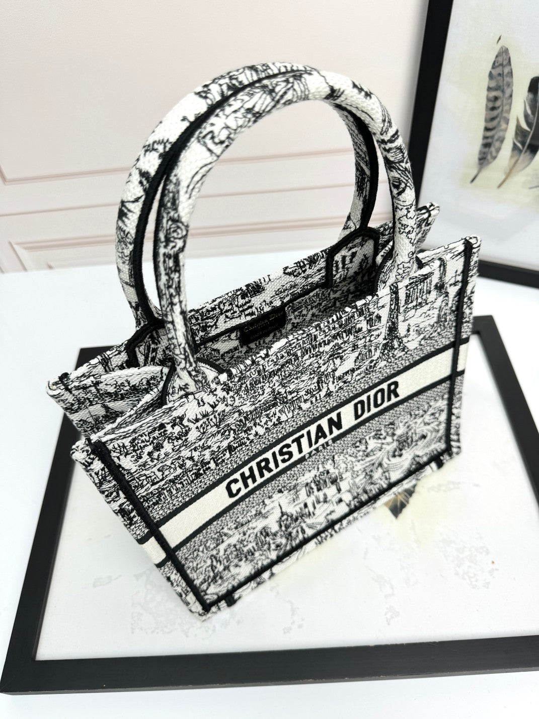 Dior Vintage Black and White Sketch Print Canvas Top-Handle Tote Bag
