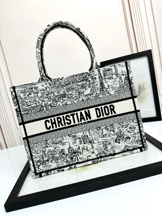 Dior Black and White Toile de Jouy Embroidered Canvas Tote Bag