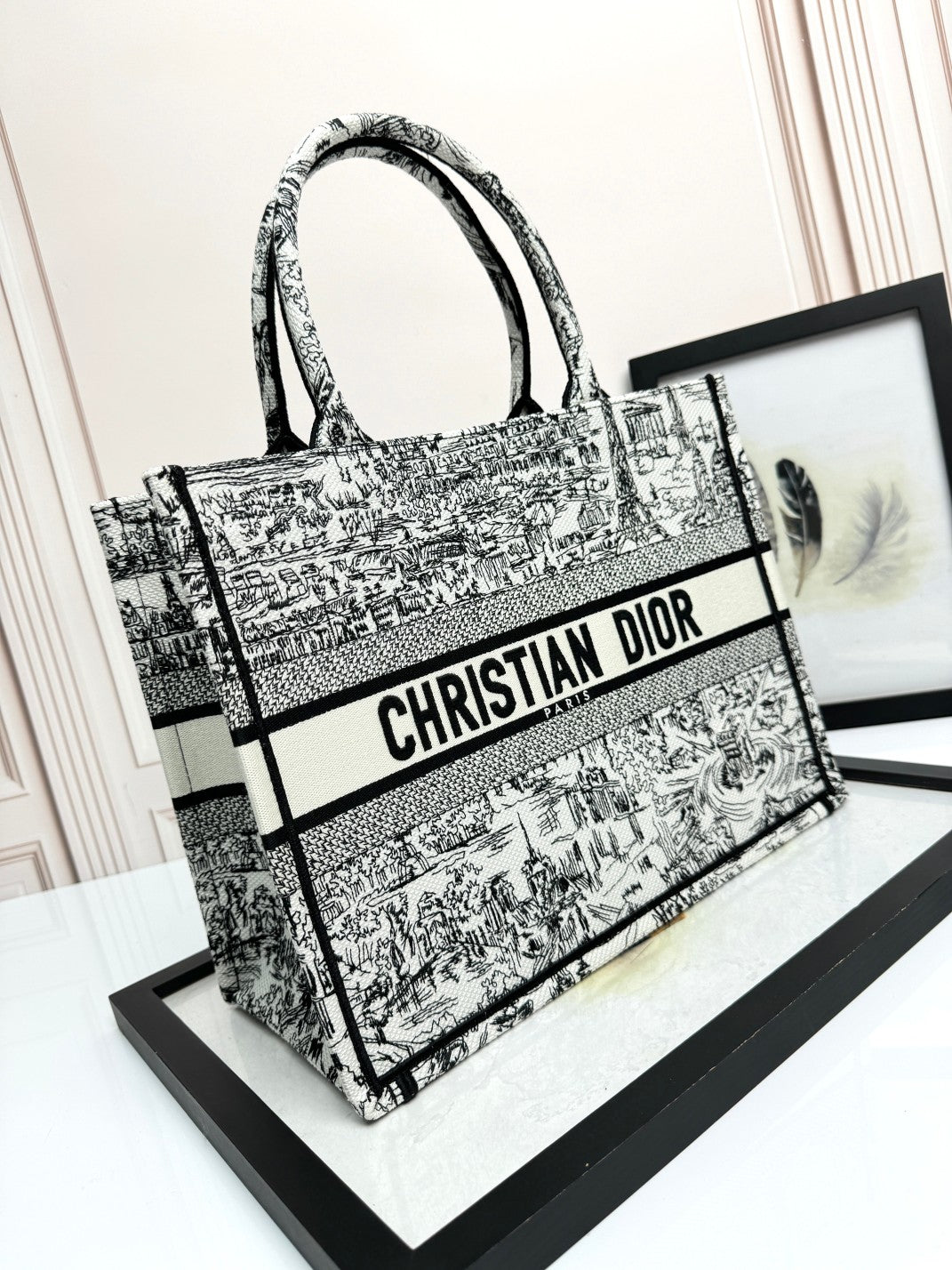 Dior Black and White Toile Print Large Canvas Tote Shoulder Bag