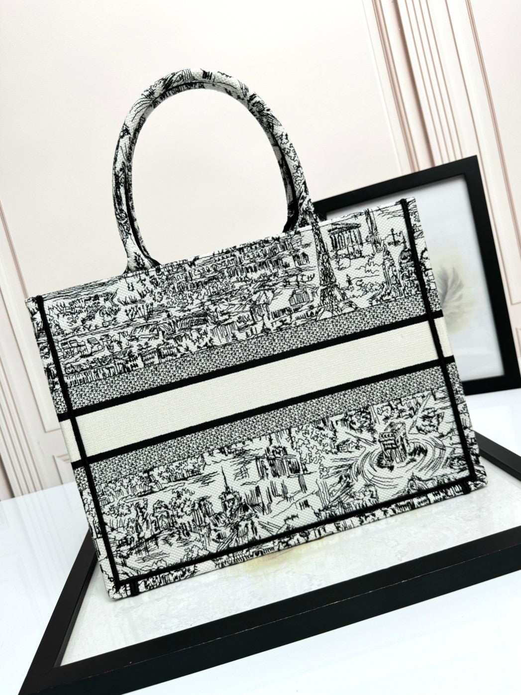 Christian Dior Large Book Tote Black and White Toile de Jouy Embroidery