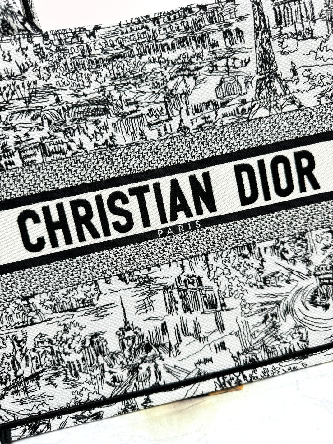 Dior Black and White Toile Print Large Canvas Tote Shoulder Bag