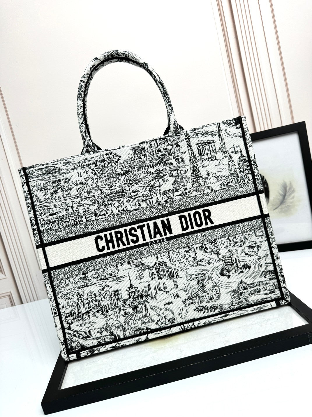 Dior Vintage Black and White Toile Canvas Tote Bag Large Handbag