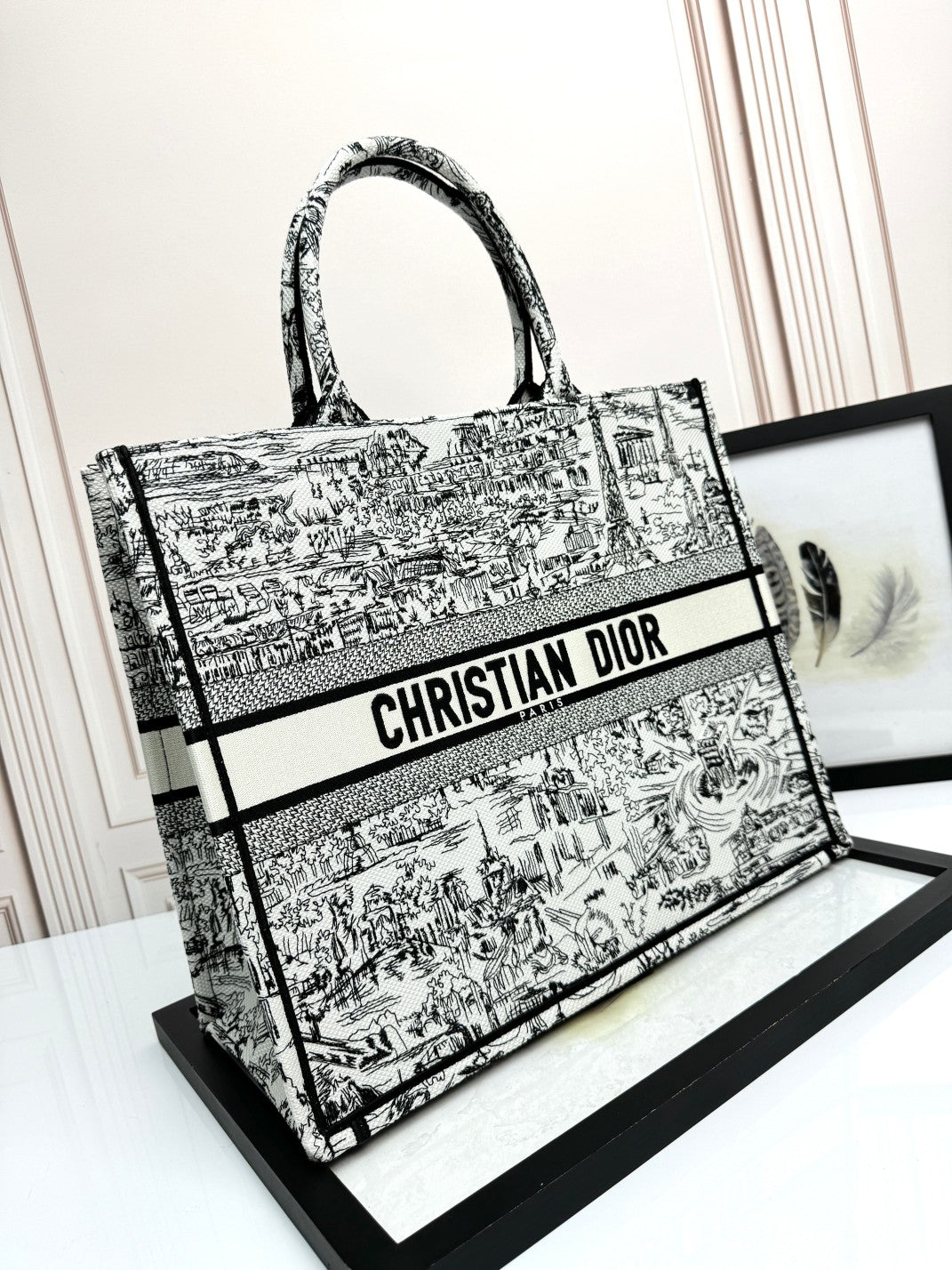 Dior Vintage Black and White Toile Canvas Tote Bag Large Handbag
