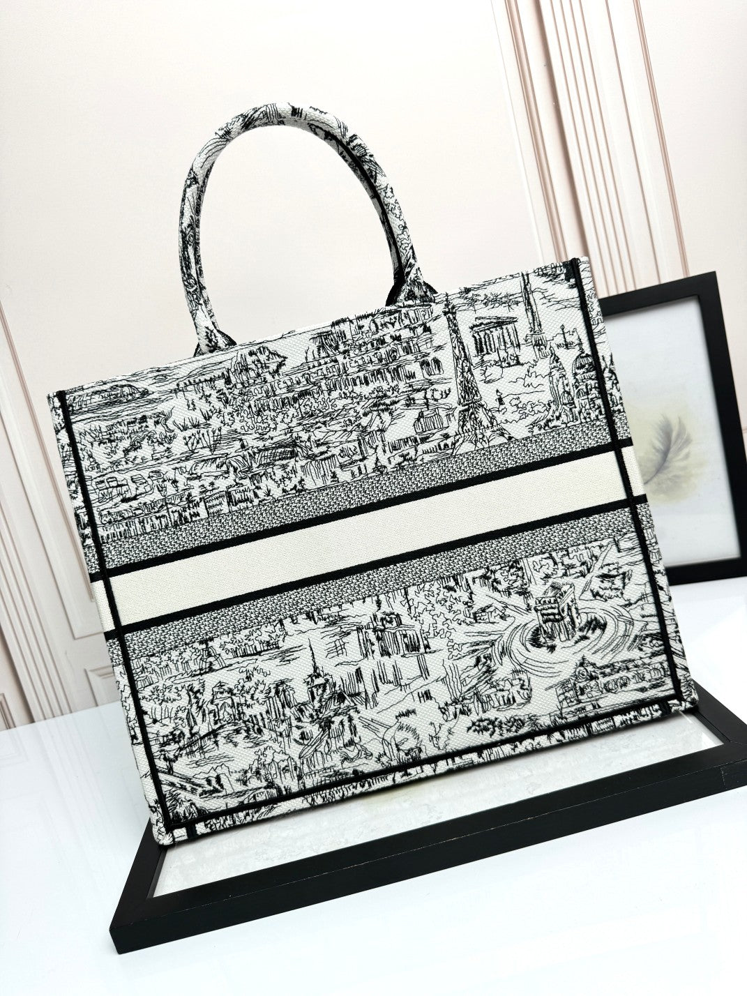 Dior Classic Black and White Architecture Print Canvas Tote Handbag