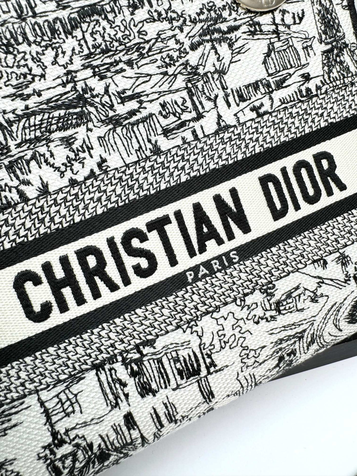 Dior Classic Black and White Toile Pattern Embroidered Top Handle Bag