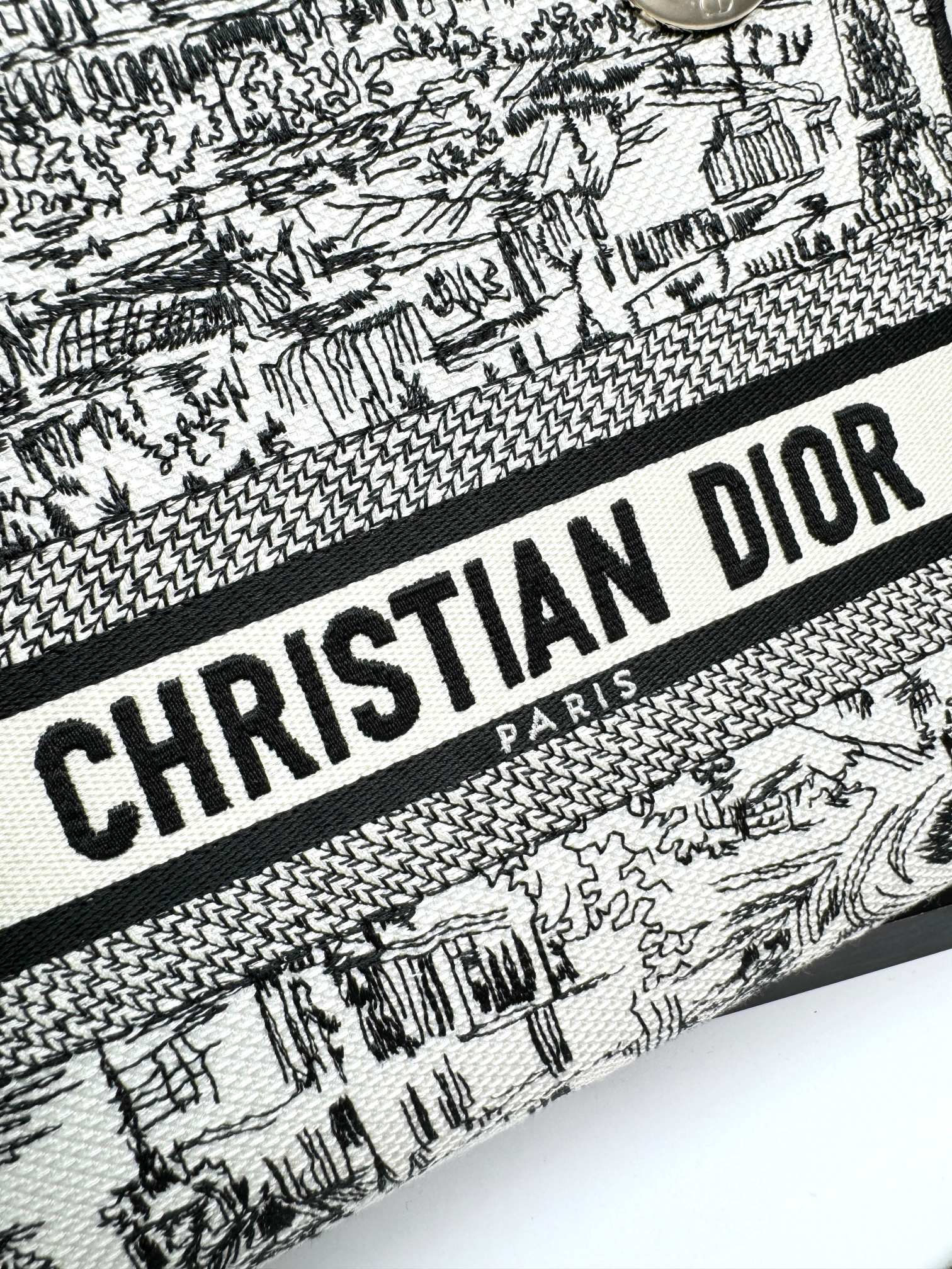 Dior Classic Black and White Toile Pattern Embroidered Top Handle Bag