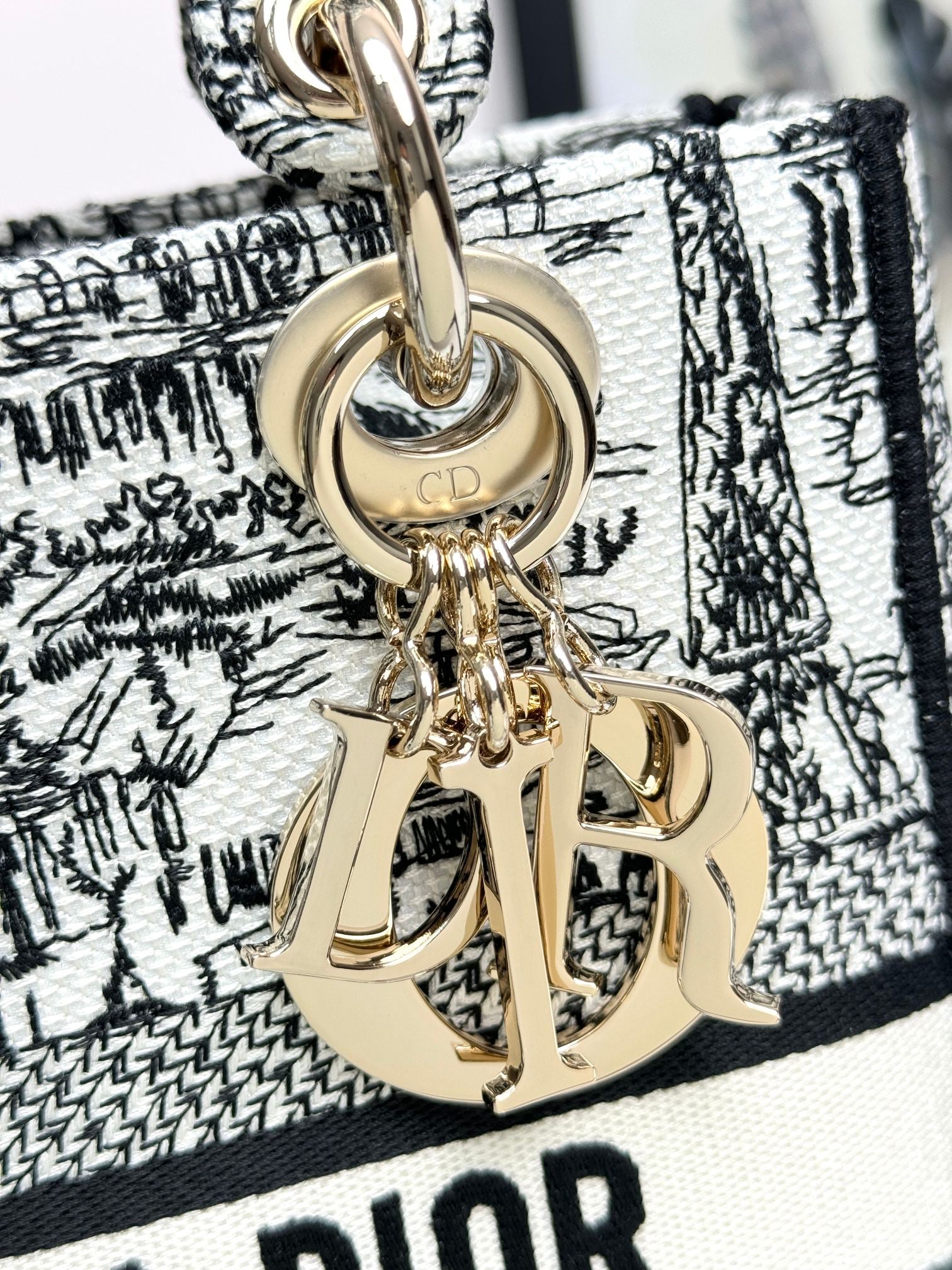Dior Elegant Black and White Embroidered Toile Top Handle Handbag
