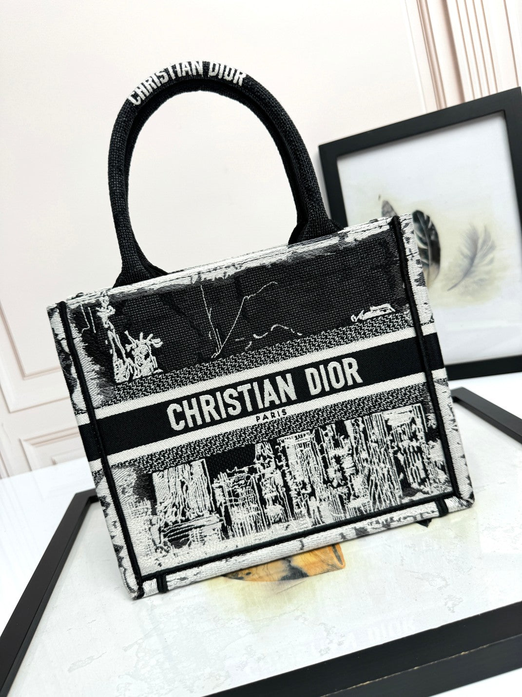 Dior Black and White Landscape Embroidered Structured Canvas Tote Handbag