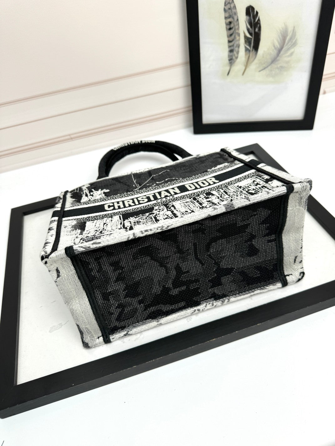 Dior Elegant Black and White City Graphic Canvas Top Handle Handbag