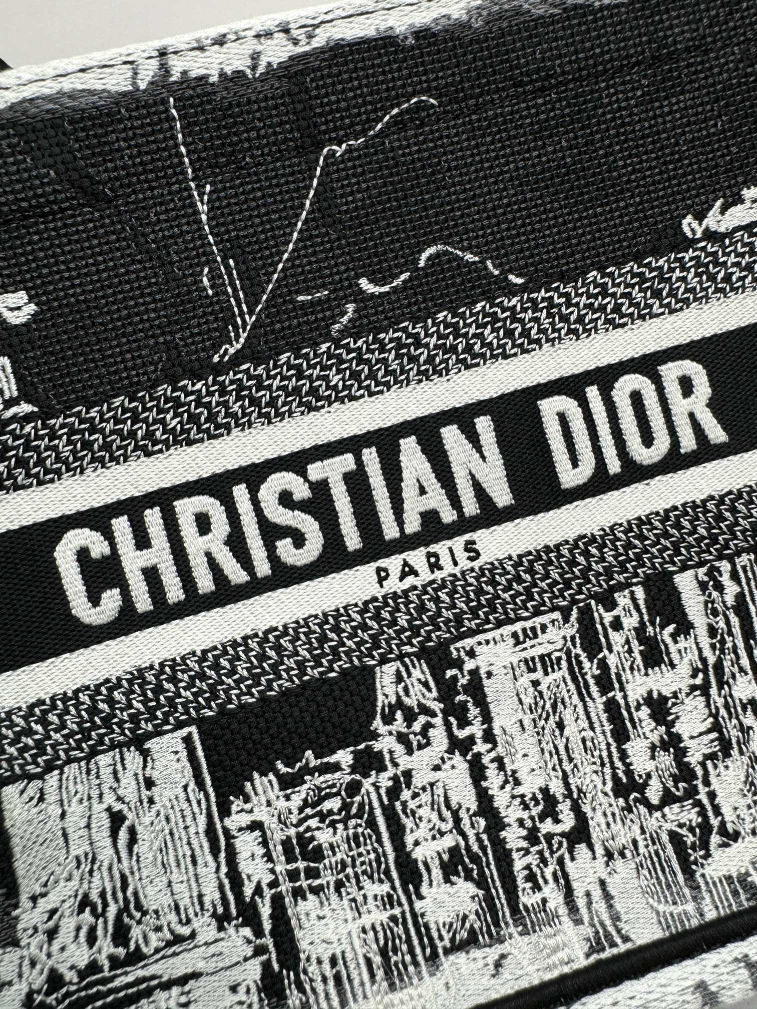 Christian Dior Small Book Tote Bag - Black and White Embroidered Canvas