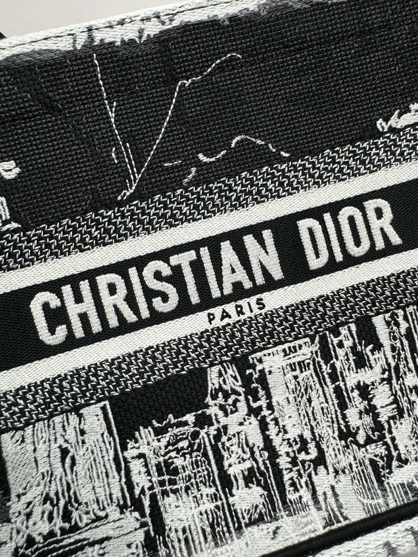 Dior Black and White Landscape Embroidered Structured Canvas Tote Handbag