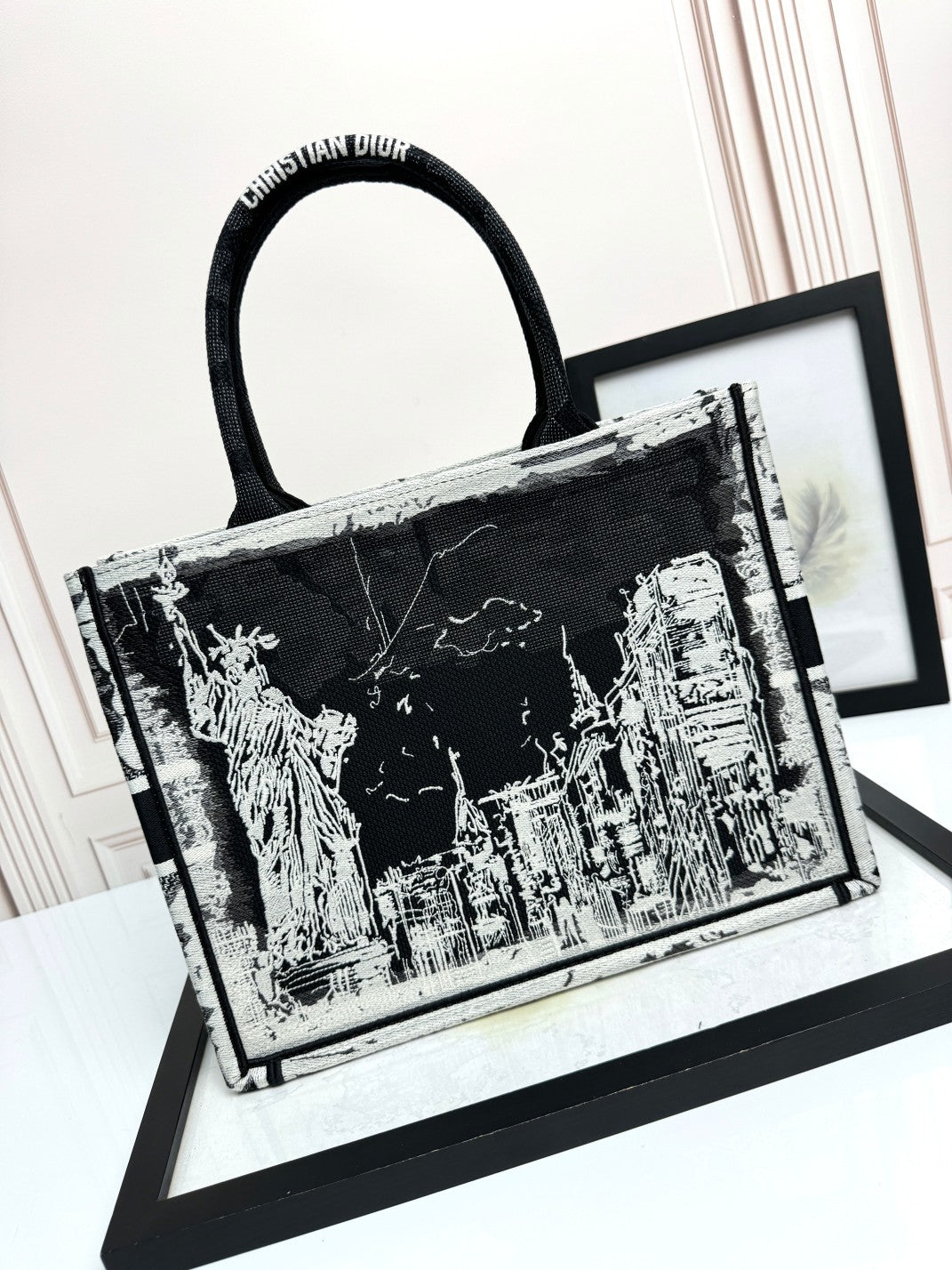 Dior Embroidered Black and White Graphic Canvas Tote Handbag