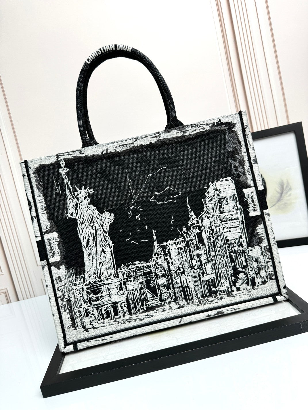 Dior Monochrome Cityscape Sketch Embroidered Canvas Large Tote Handbag