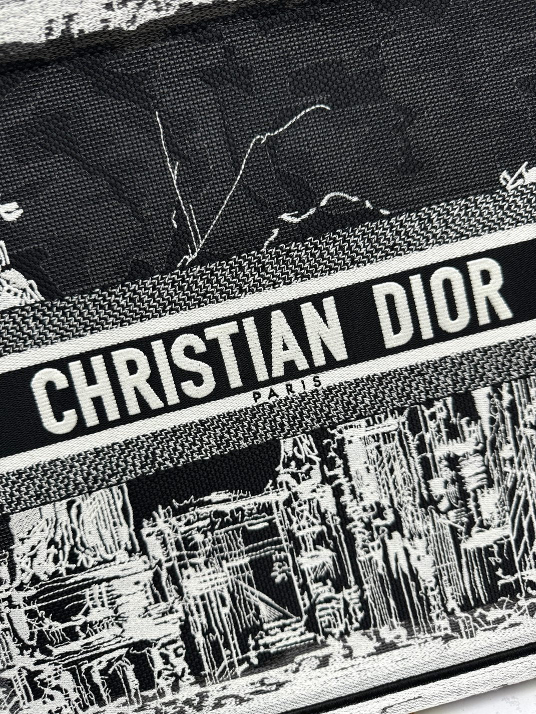 Dior Monochrome Cityscape Sketch Embroidered Canvas Large Tote Handbag