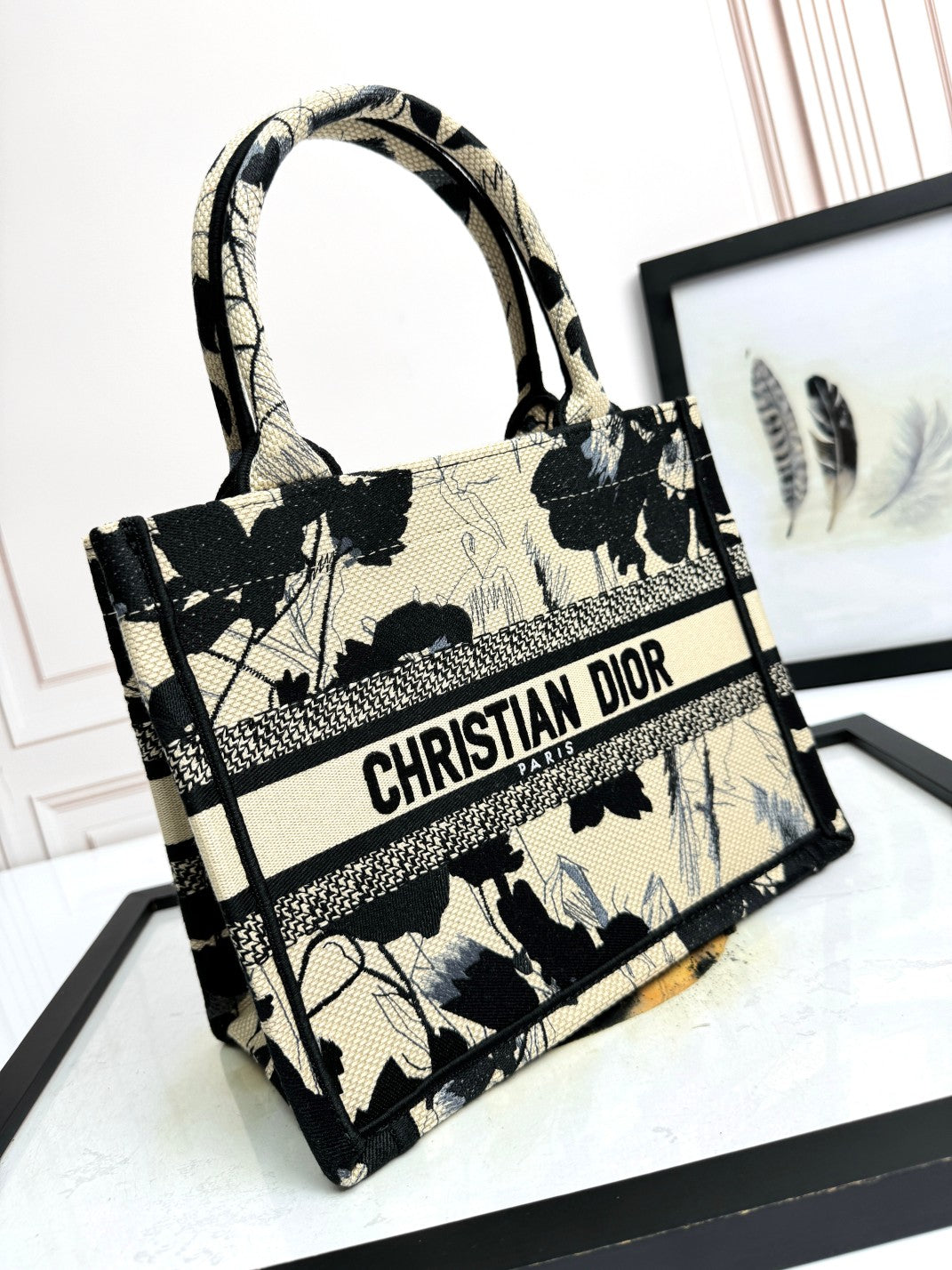 Dior Elegant Floral Embroidered Canvas Top Handle Tote Bag