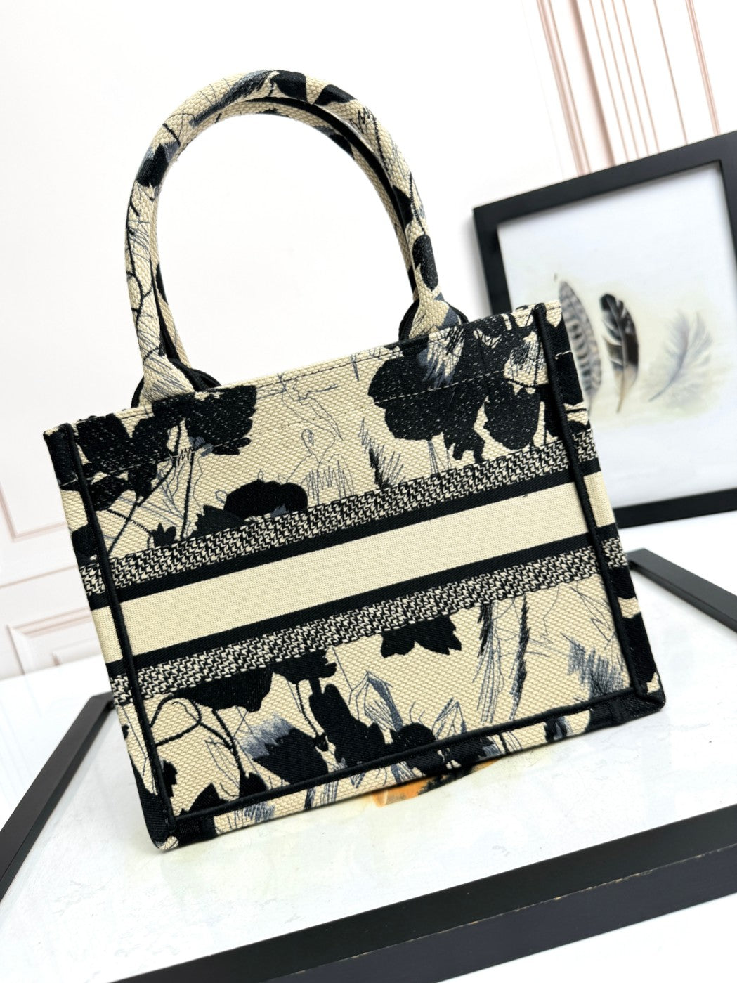 Christian Dior Small Book Tote - Black and Beige Floral Embroidery