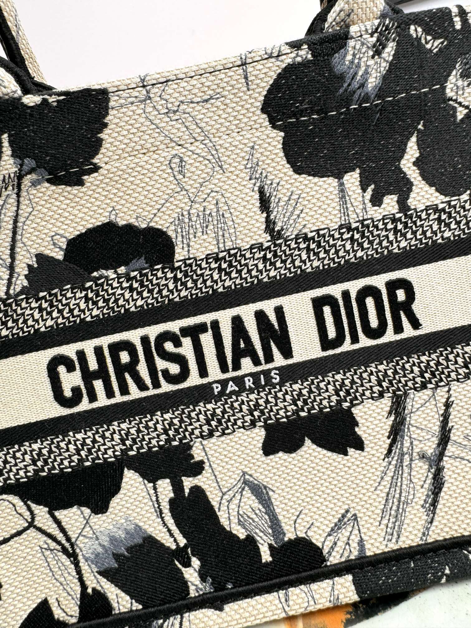 Christian Dior Small Book Tote - Black and Beige Floral Embroidery