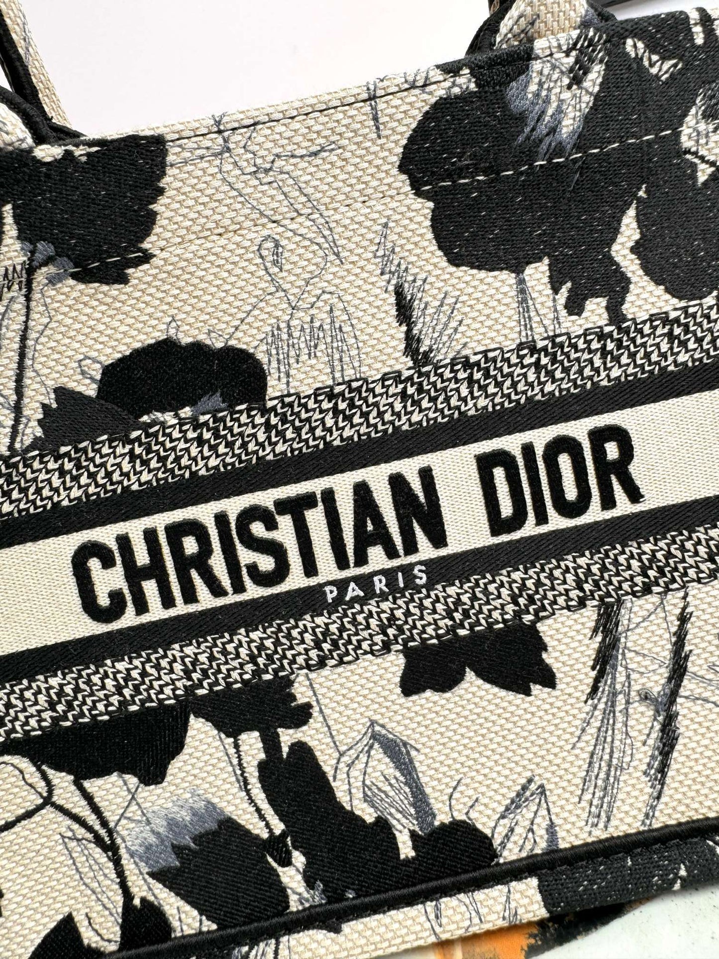 Dior Monochrome Floral Canvas Tote Bag Vintage Style Top Handle Handbag
