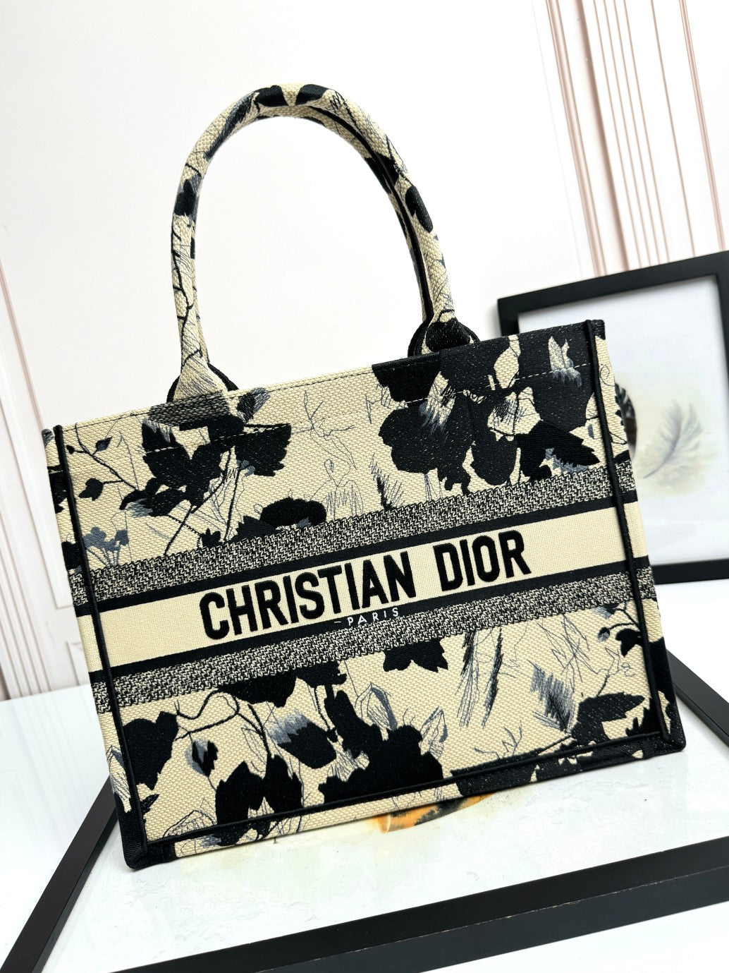 Dior Elegant Black Floral Canvas Tote Bag with Top Handles