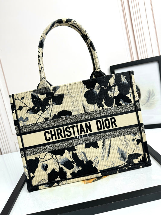 Dior Black Botanical Floral Embroidered Top Handle Large Canvas Tote Bag