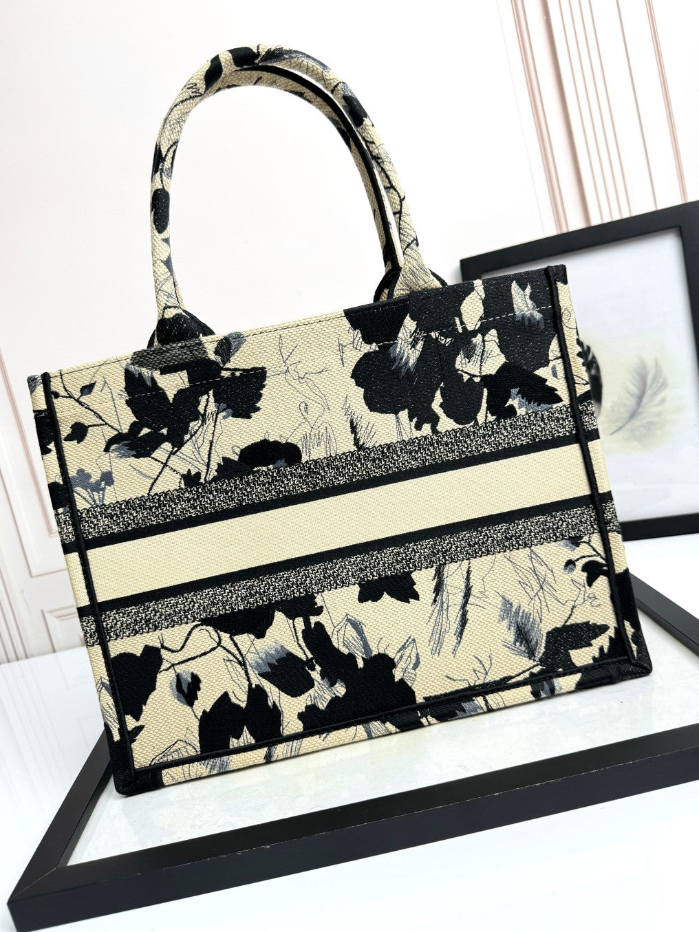 Dior Black Botanical Floral Embroidered Top Handle Large Canvas Tote Bag