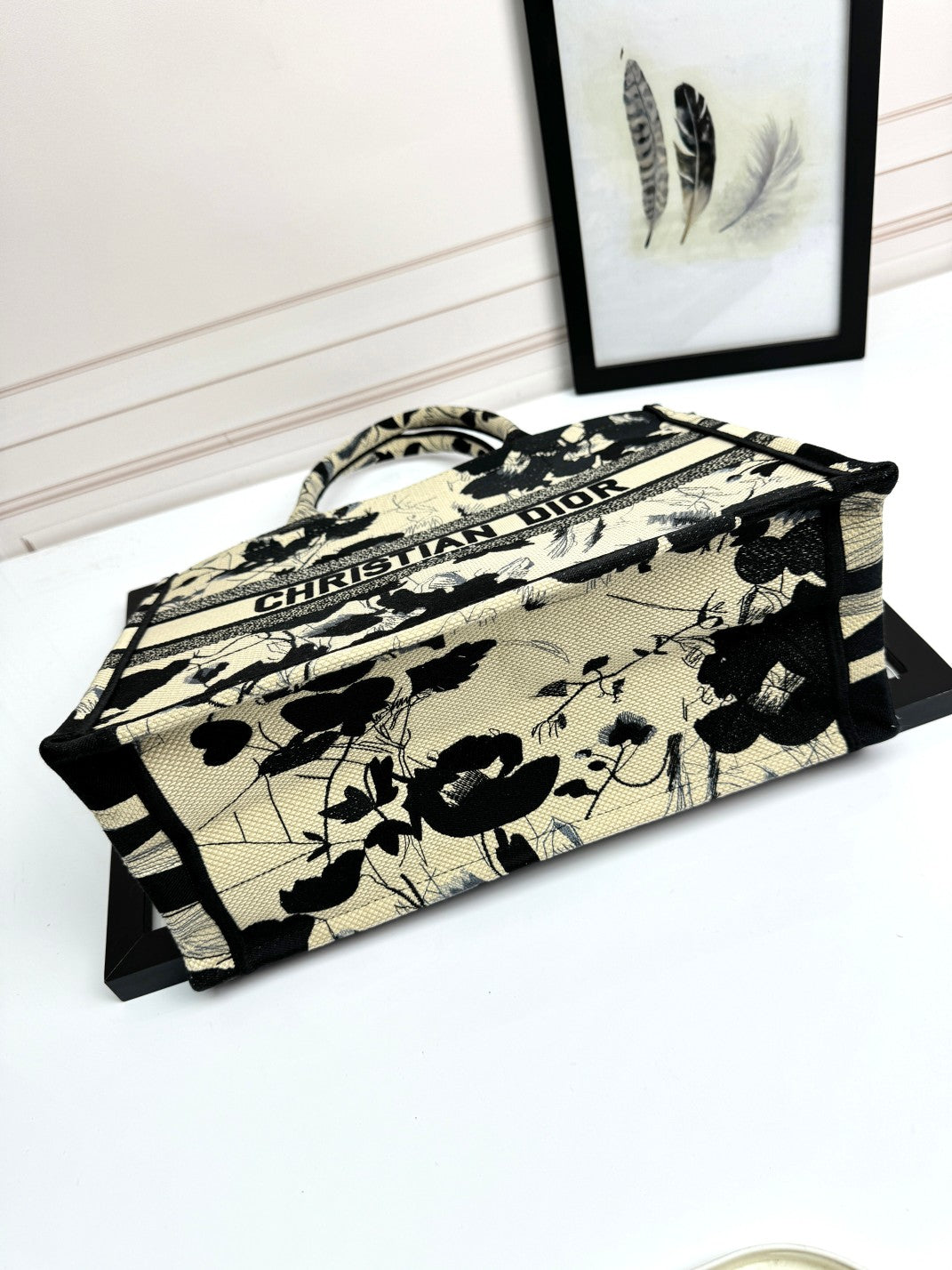 Dior Black Botanical Floral Embroidered Top Handle Large Canvas Tote Bag
