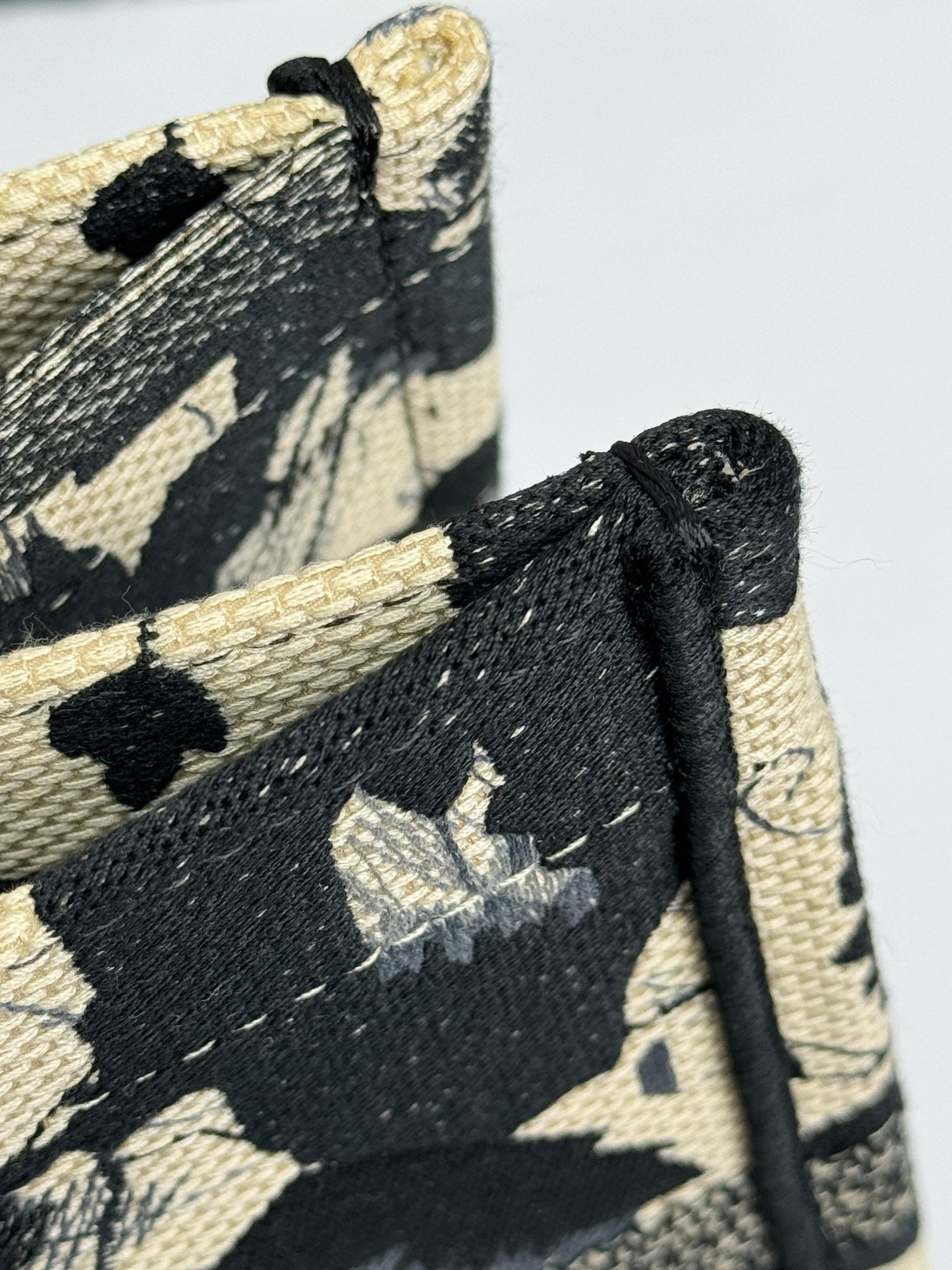 Dior Elegant Black and Beige Floral Canvas Tote Bag with Top Handles