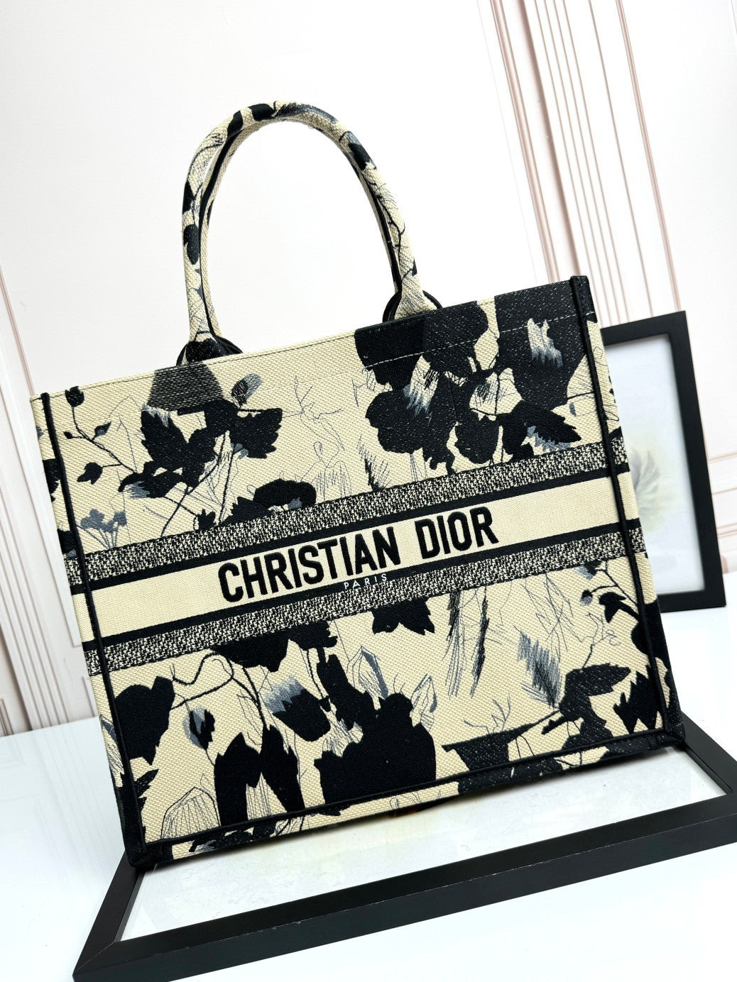 Dior Vintage Black and Beige Floral Canvas Tote Bag with Top Handles