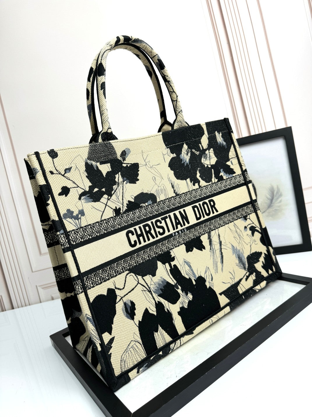 Dior Black and Beige Floral Canvas Tote Bag Vintage Shoulder Handbag