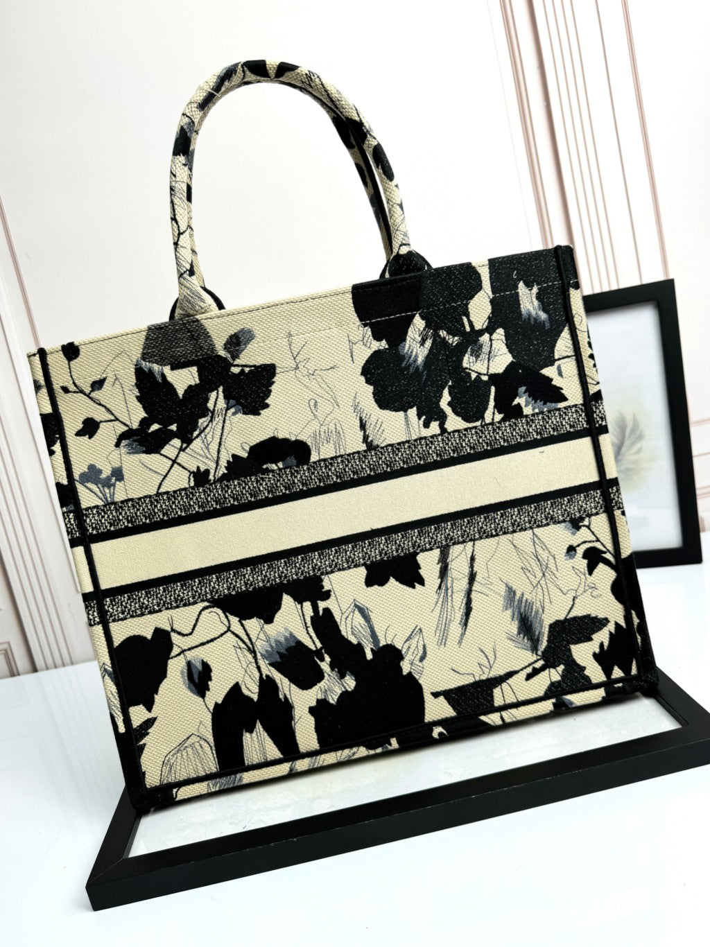 Dior Black and Beige Floral Canvas Tote Bag Large Top Handle Handbag