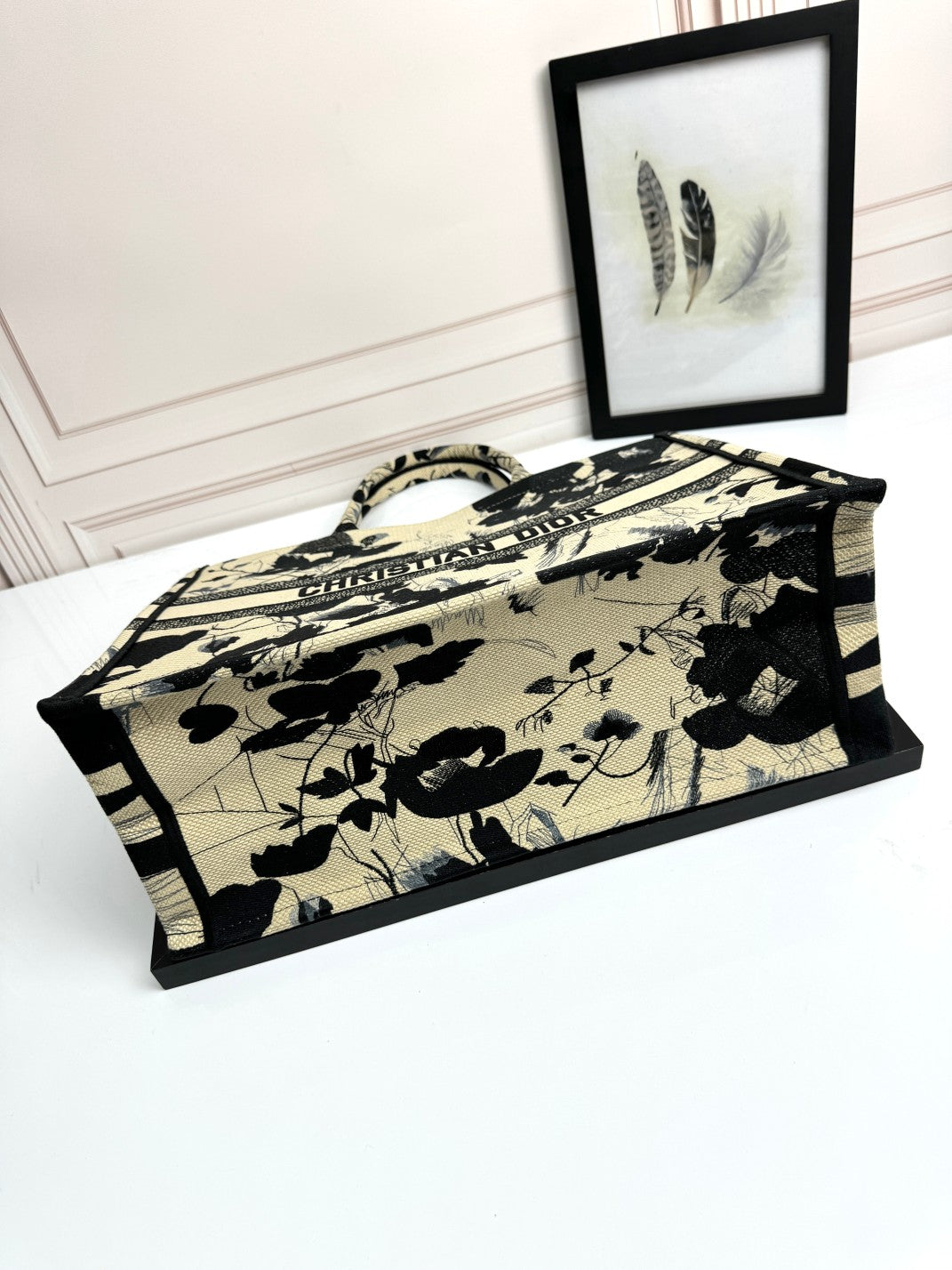 Dior Black and Beige Floral Canvas Tote Bag Vintage Shoulder Handbag