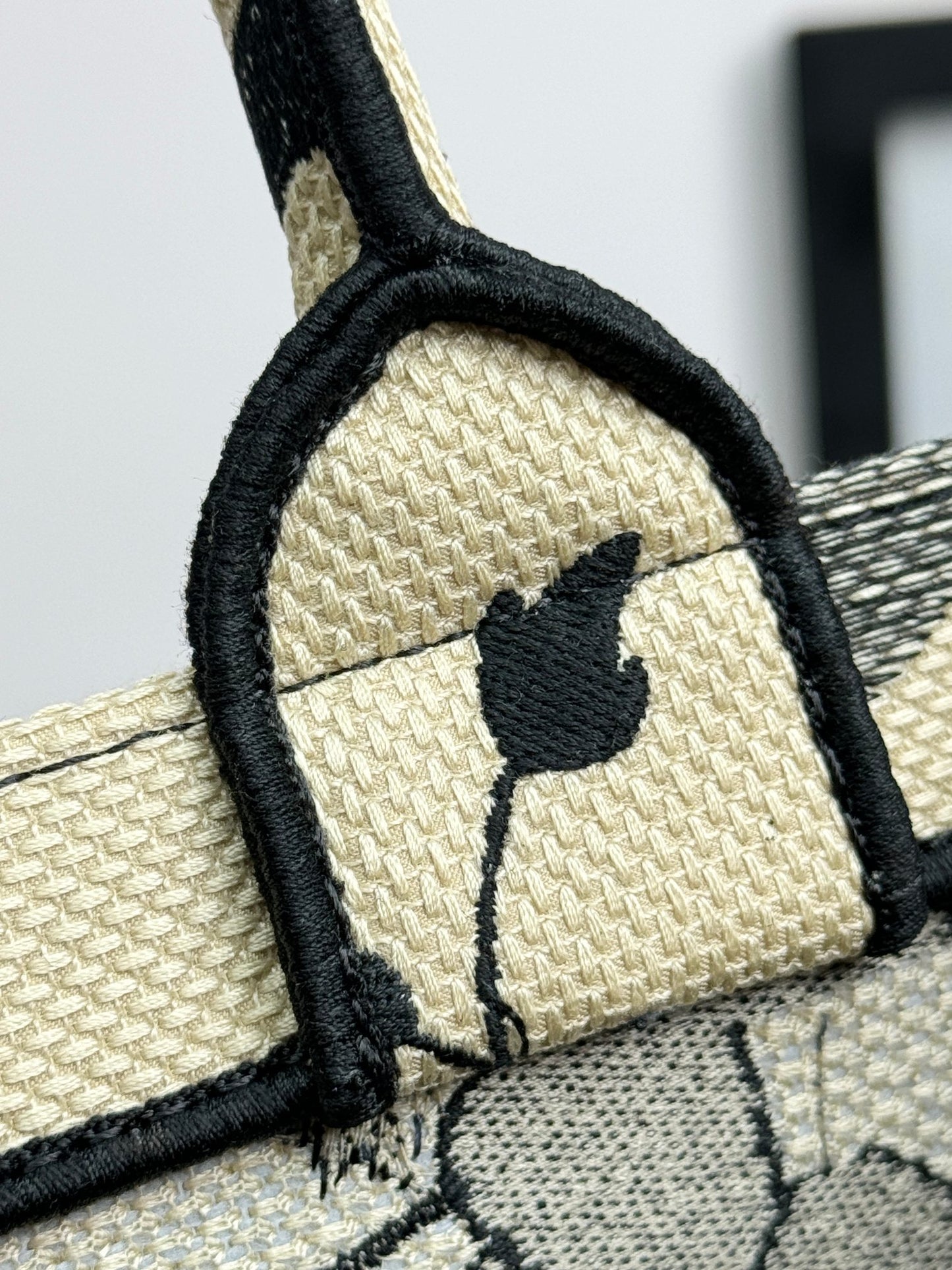 Dior Vintage Black and Beige Floral Canvas Tote Bag with Top Handles