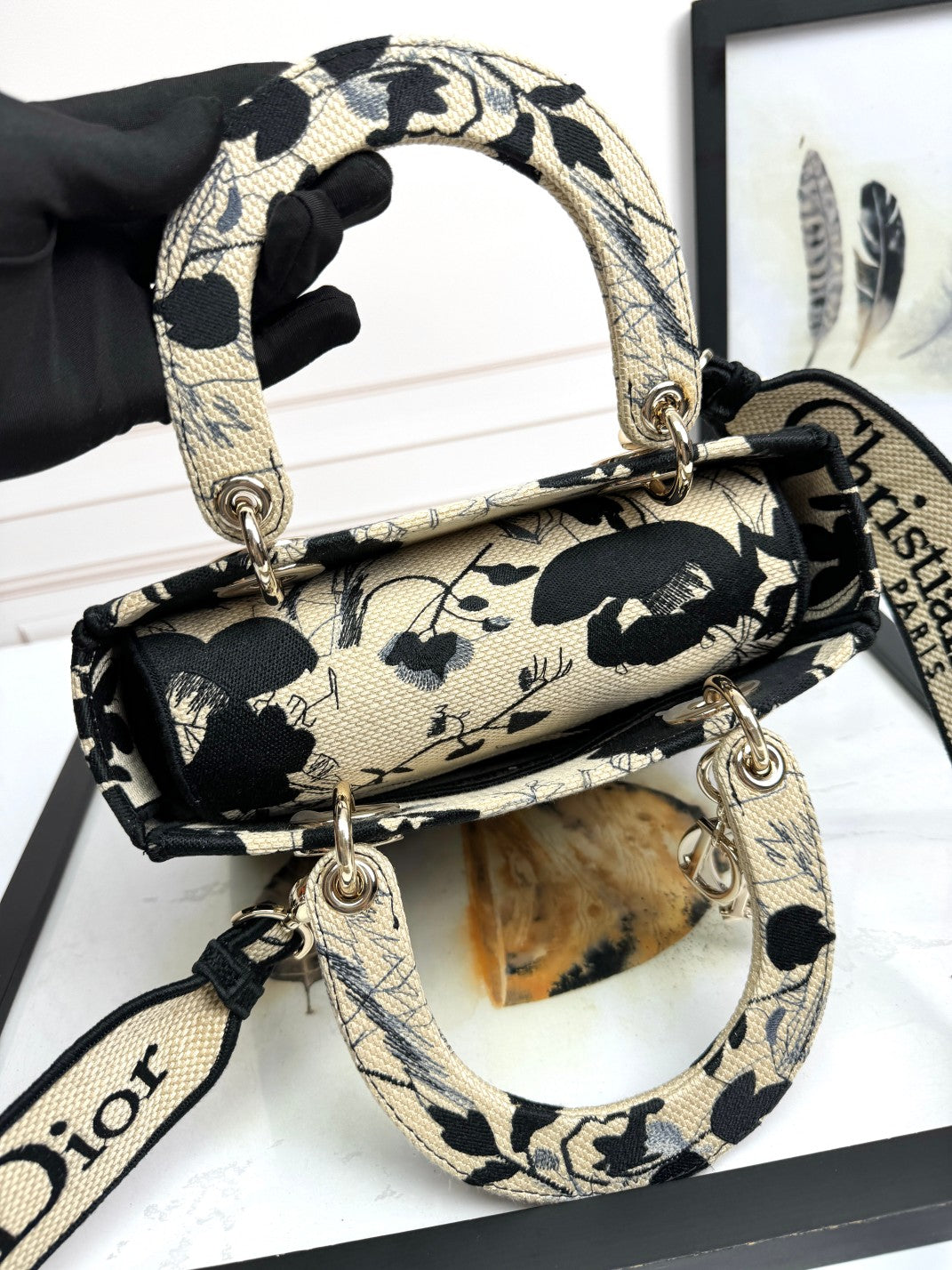 Dior Vintage Black and Beige Floral Embroidered Top Handle Handbag