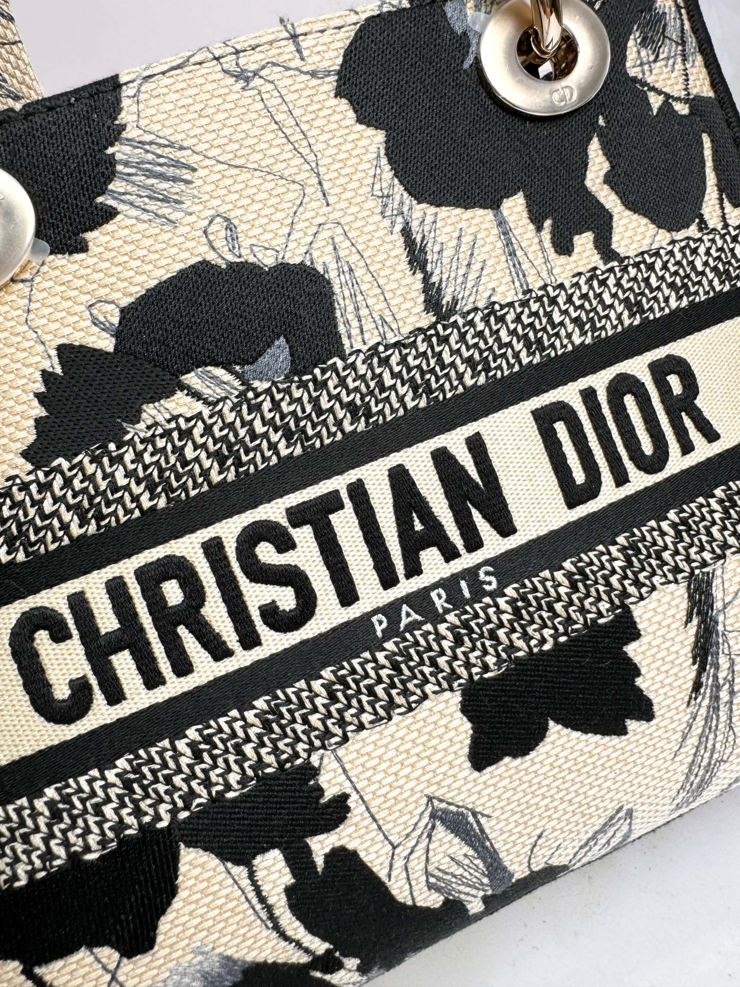Christian Dior Lady D-Lite Handbag - Beige and Black Mille Fleurs Embroidery