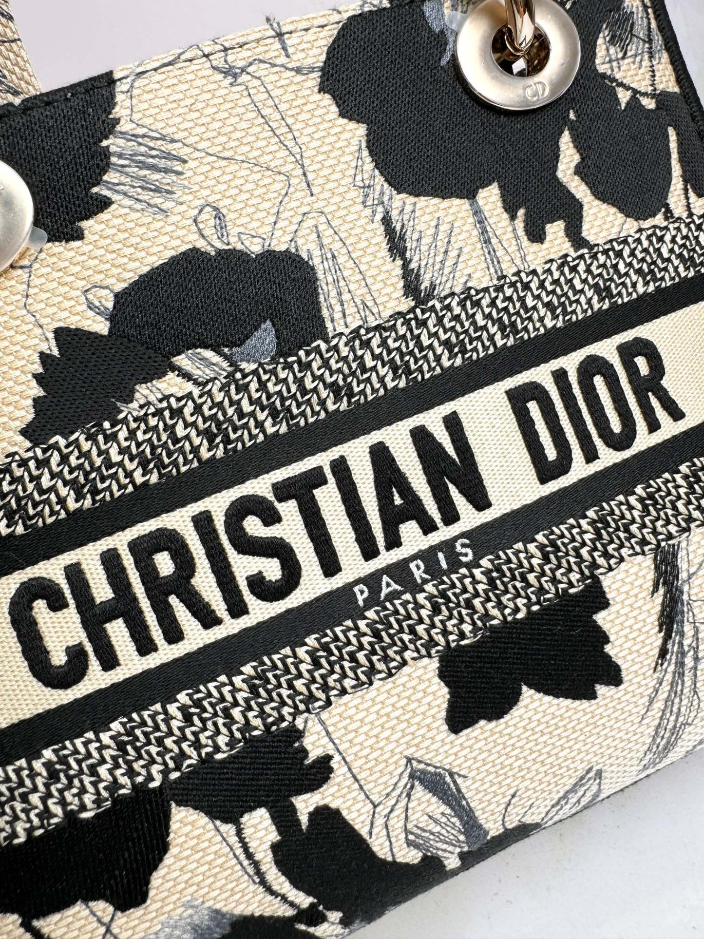 Christian Dior Lady D-Lite Medium Bag Black and White Floral Embroidery