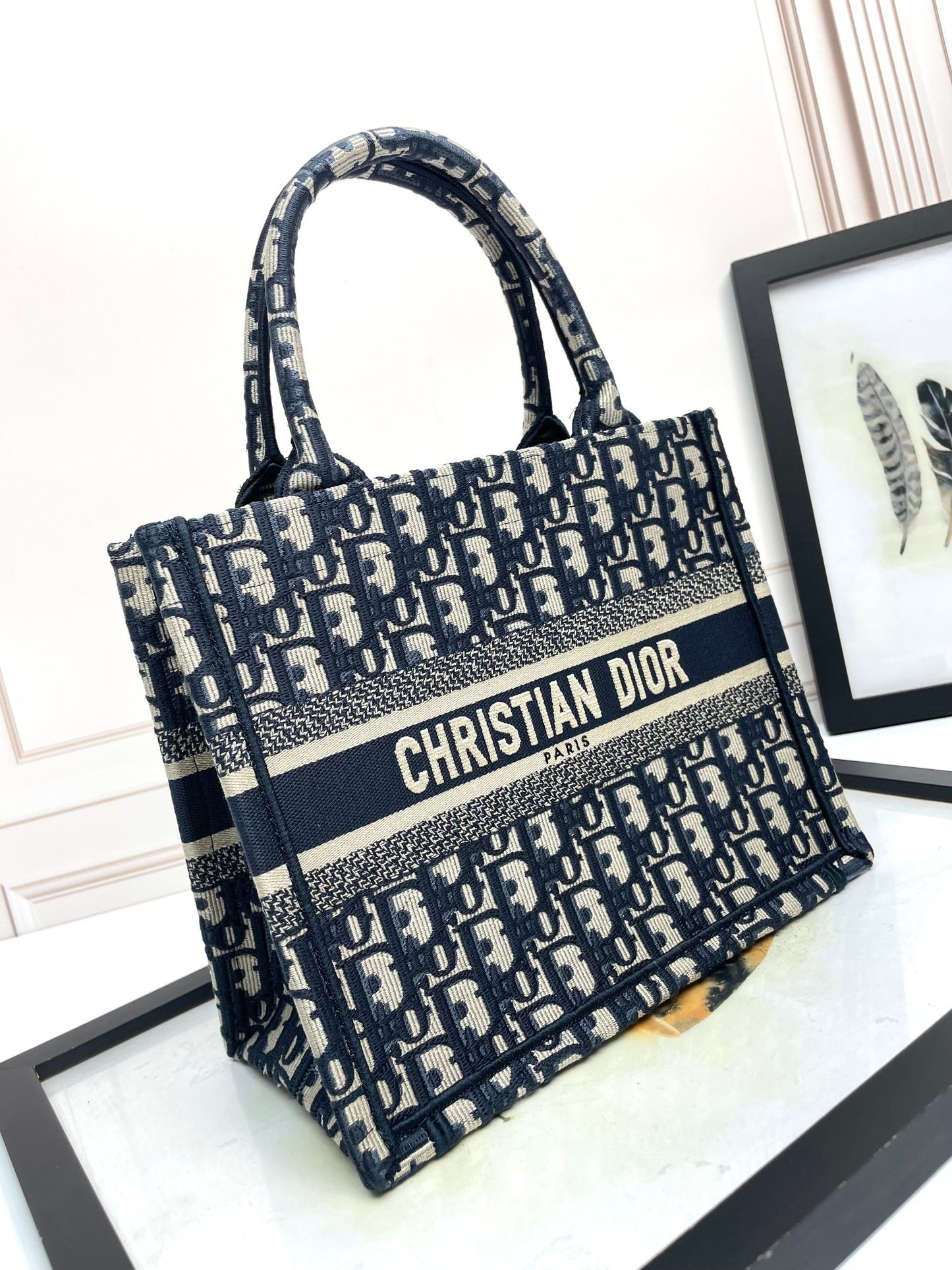 Dior Classic Navy Blue Embroidered Monogram Canvas Tote Handbag