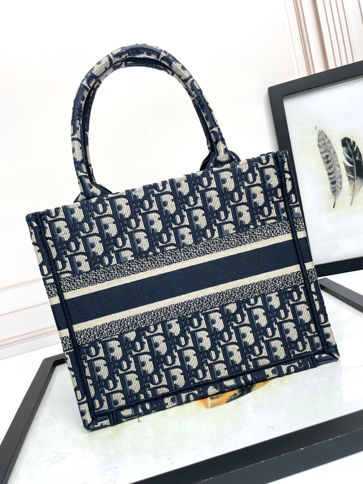 Dior Classic Navy Blue Embroidered Monogram Canvas Tote Handbag