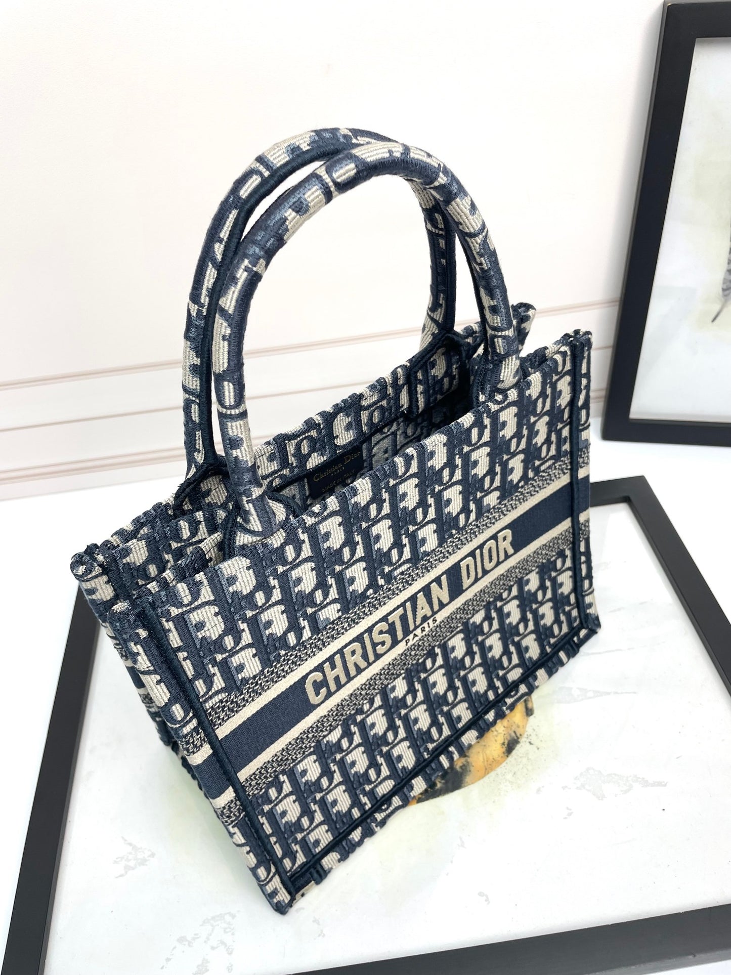 Dior Navy Blue Oblique Monogram Canvas Tote Bag with Top Handles