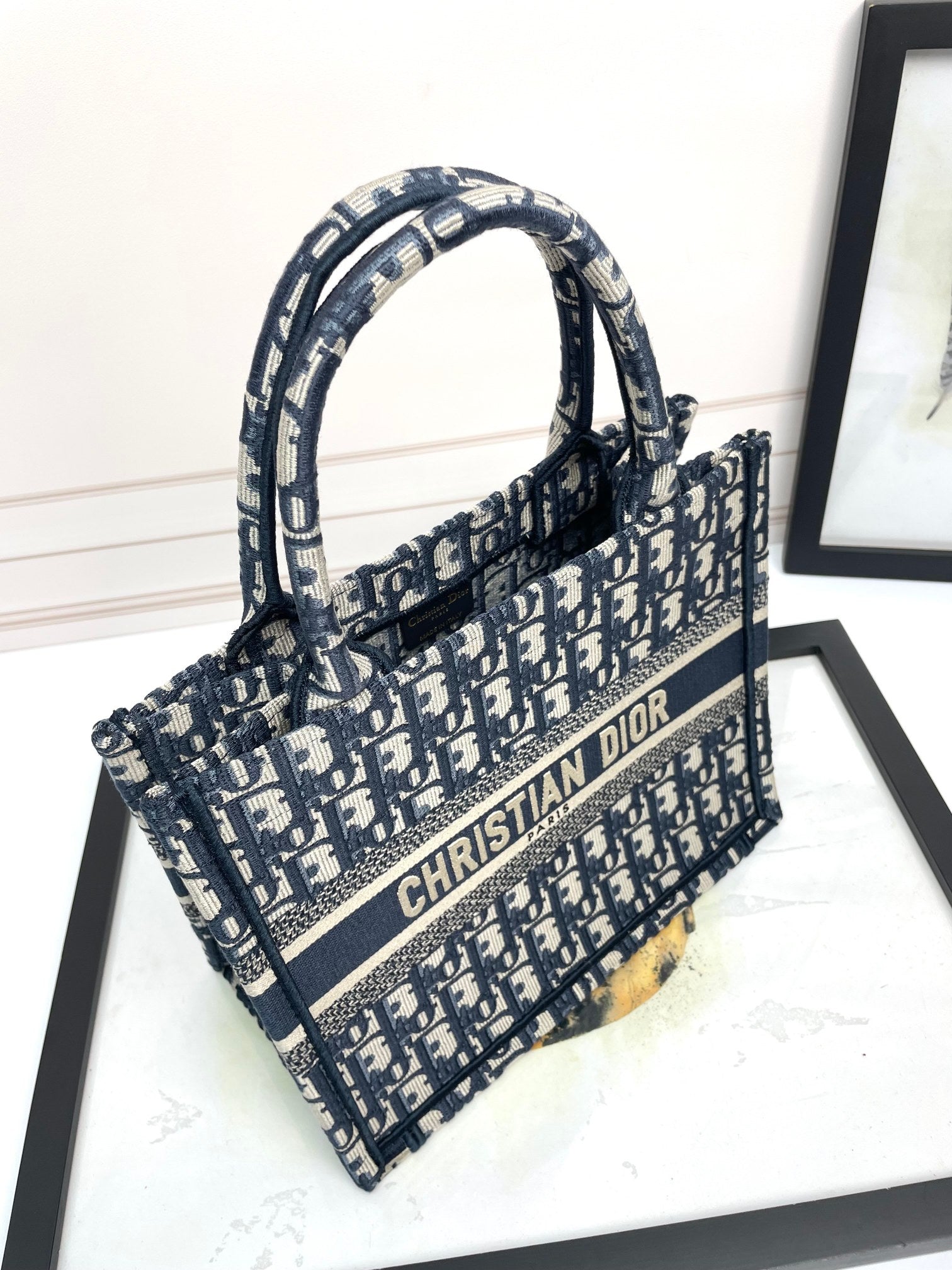 Dior Classic Navy Blue Embroidered Monogram Canvas Tote Handbag