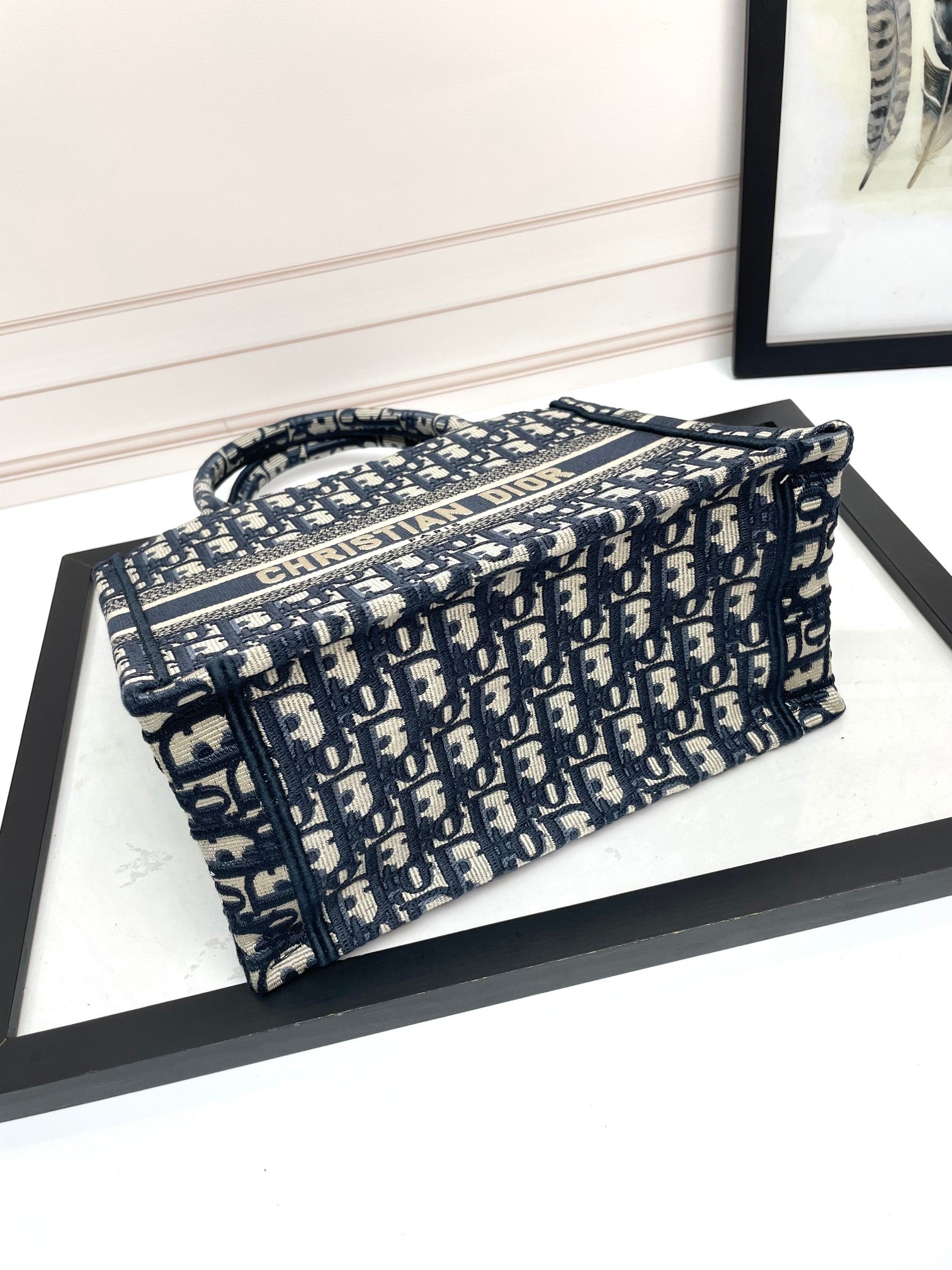 Dior Blue Monogram Embroidered Canvas Tote Bag with Top Handles