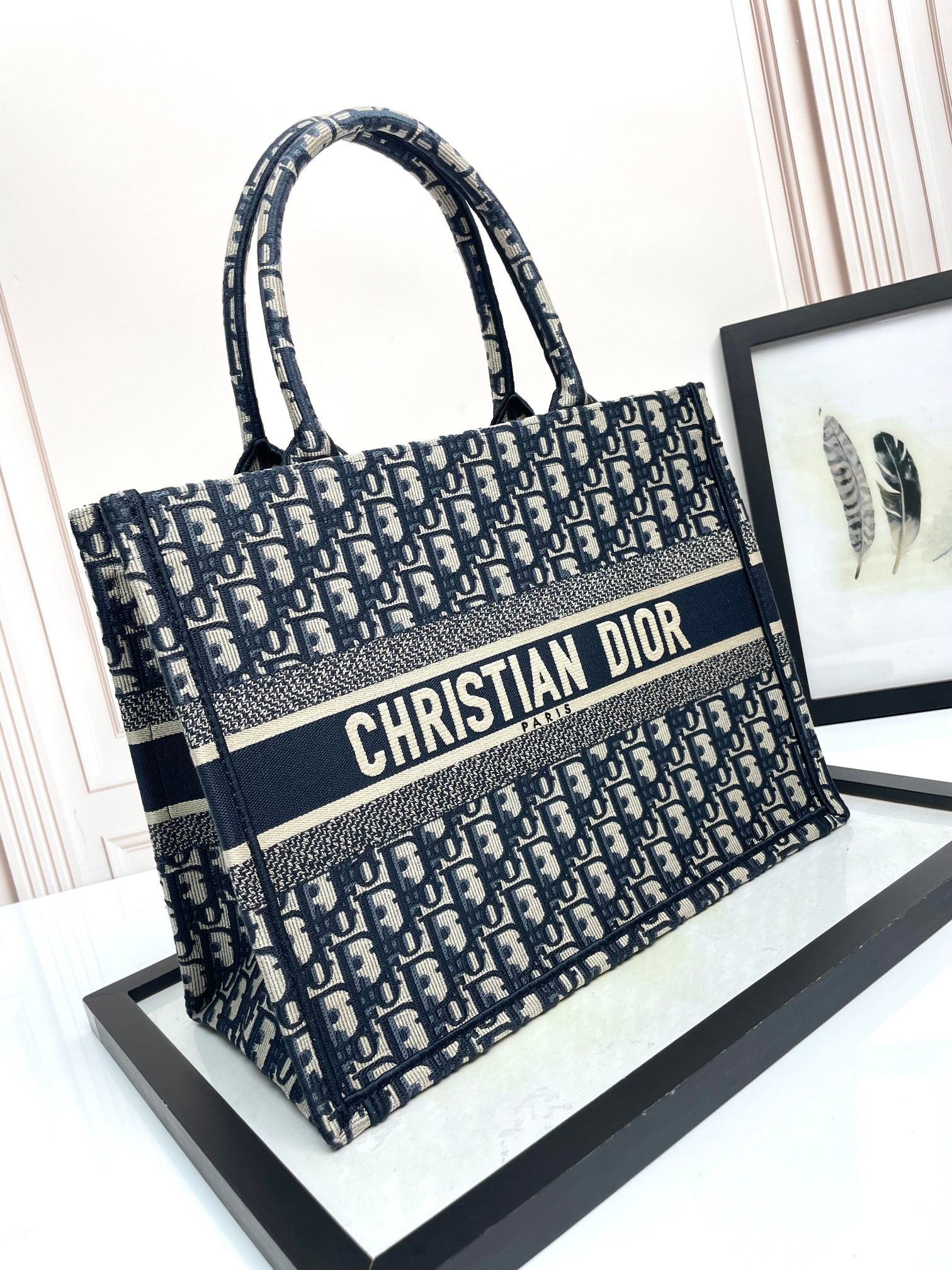Dior Navy Blue Woven Monogram Canvas Tote Bag Large Travel Handbag