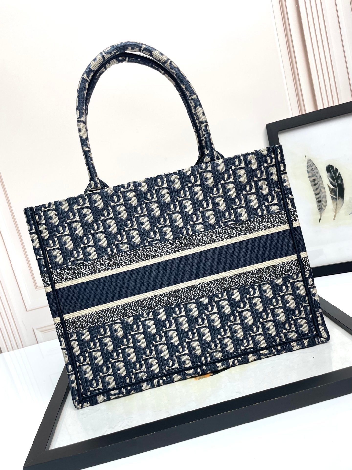 Dior Vintage Navy Blue Monogram Canvas Tote Bag Large Top Handle Handbag