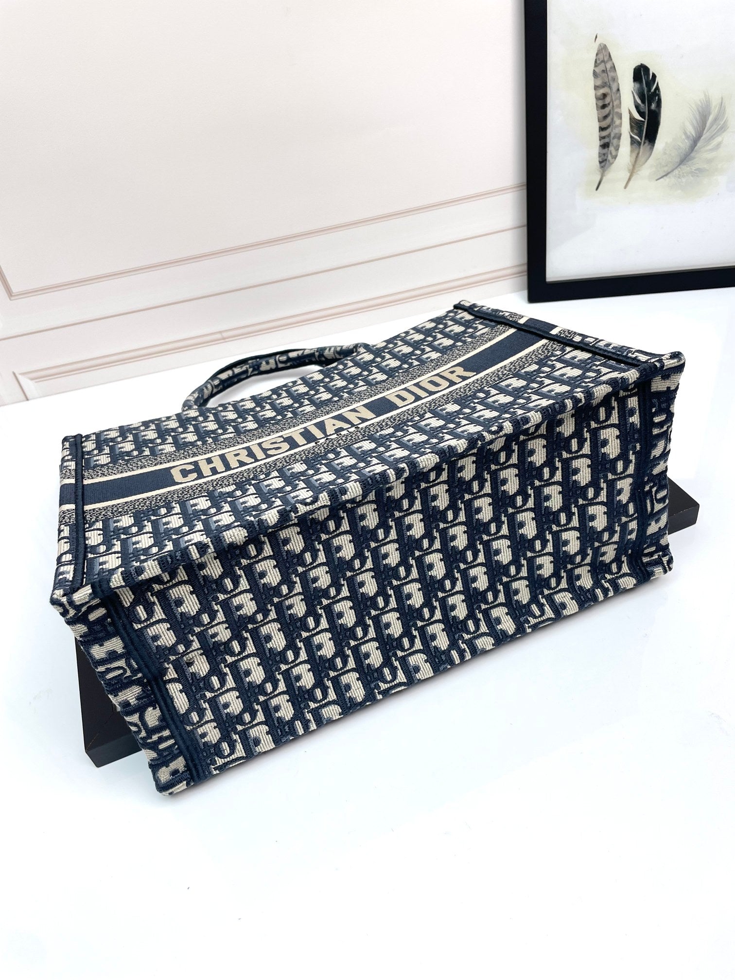 Dior Vintage Navy Blue Monogram Canvas Tote Bag Large Top Handle Handbag
