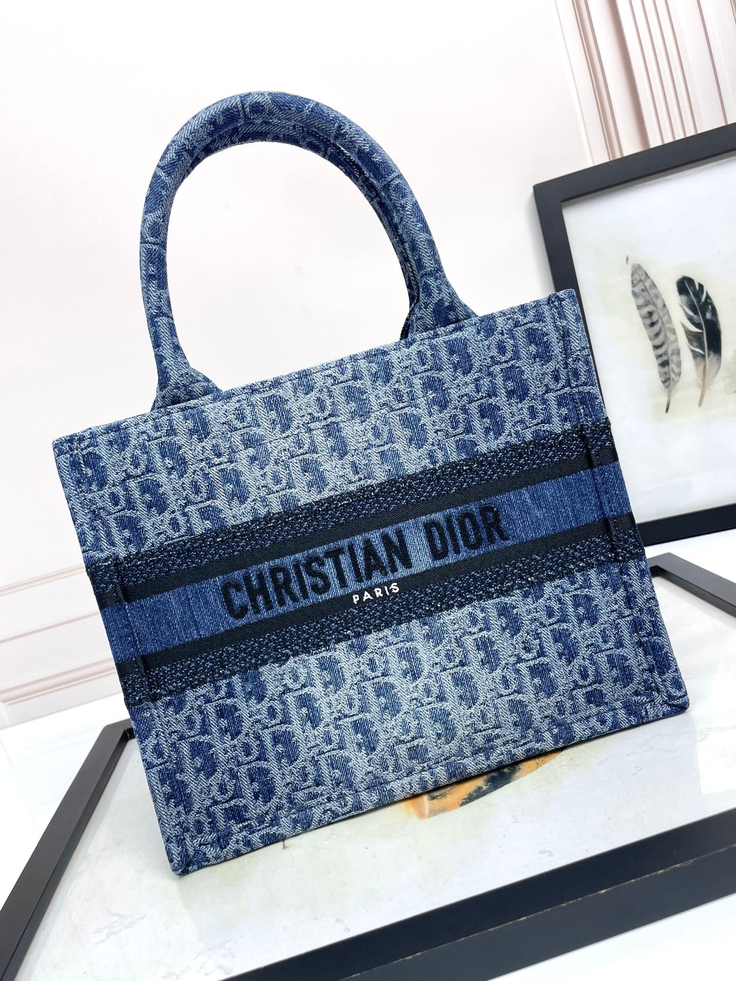 Dior Blue Denim Monogram Print Canvas Tote Bag with Top Handles