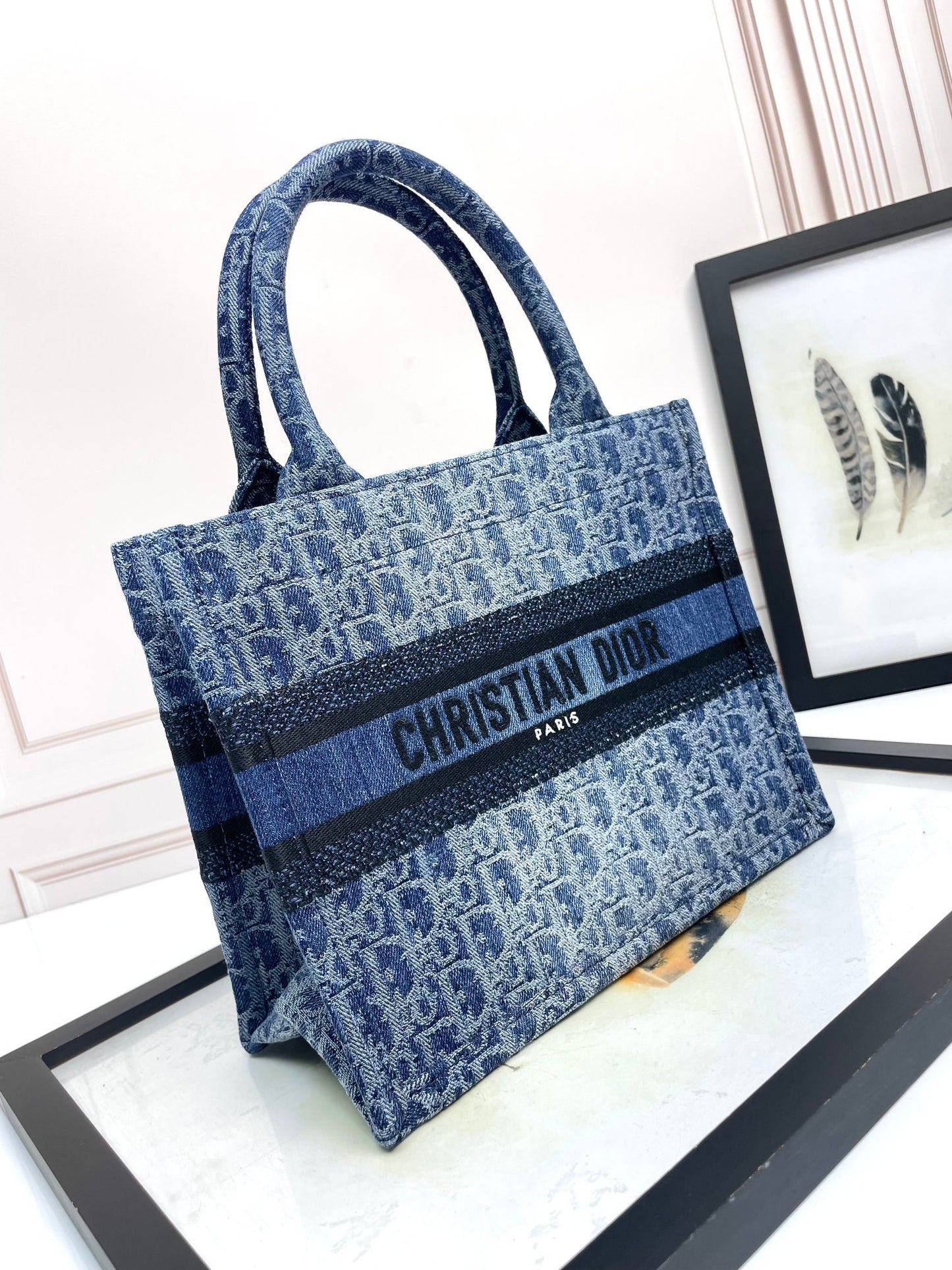 Dior Structured Blue Monogram Canvas Tote Handbag with Top Handles