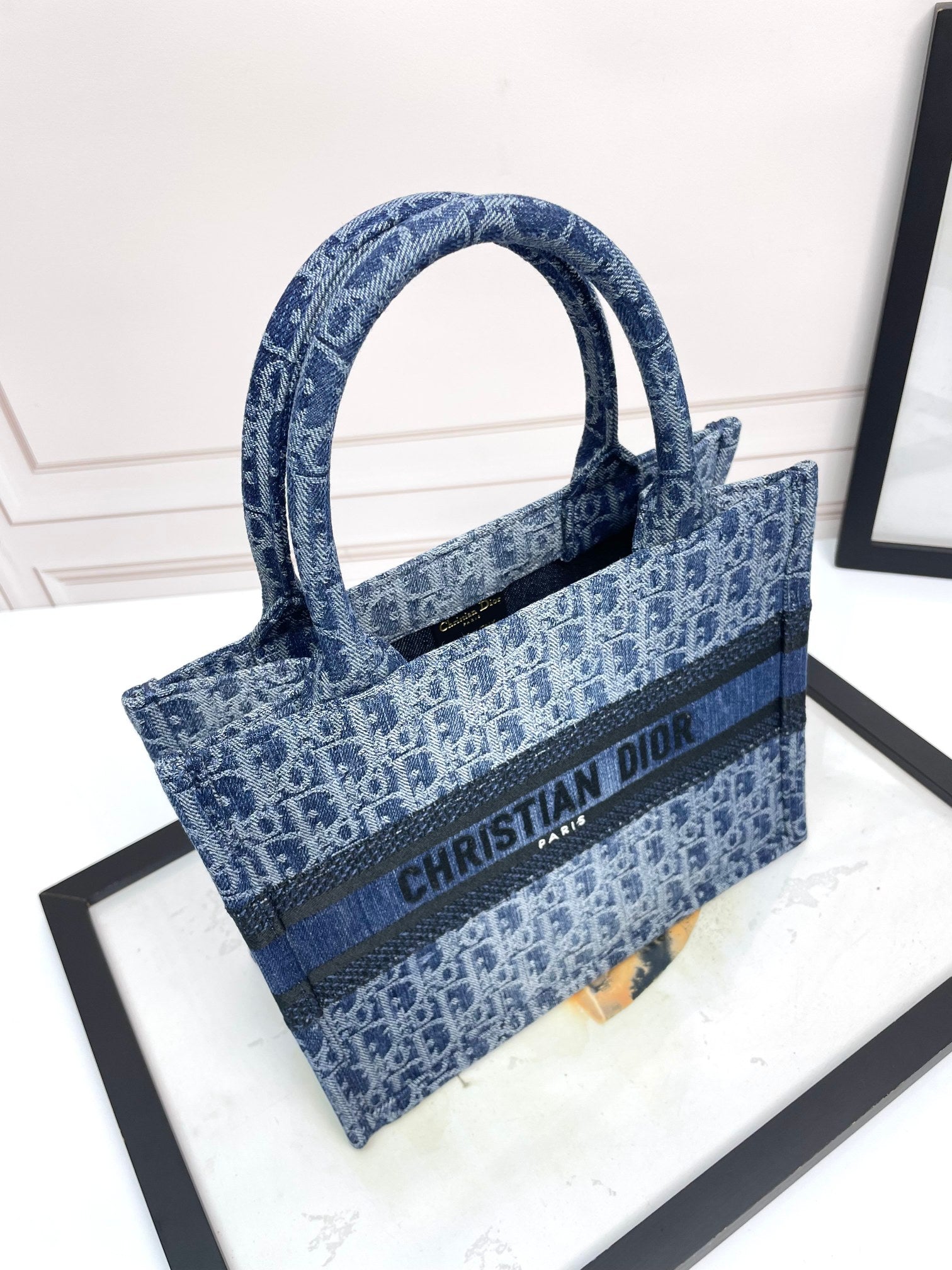 Dior Blue Denim Monogram Print Canvas Tote Bag with Top Handles