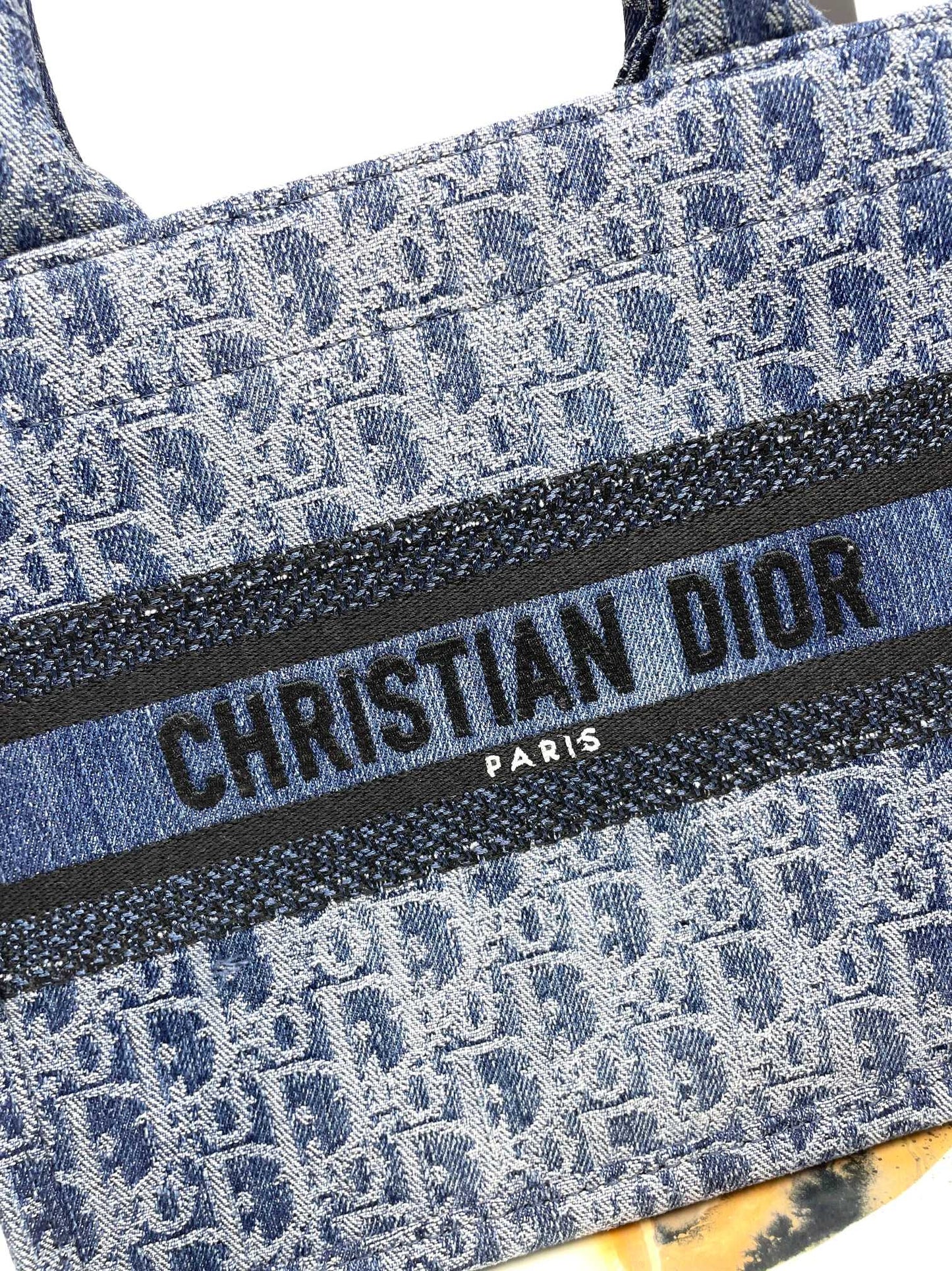Dior Blue Denim Monogram Print Canvas Tote Bag with Top Handles