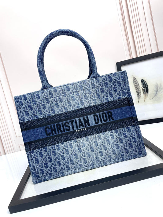 Christian Dior Book Tote Blue Oblique Embroidered Canvas Handbag